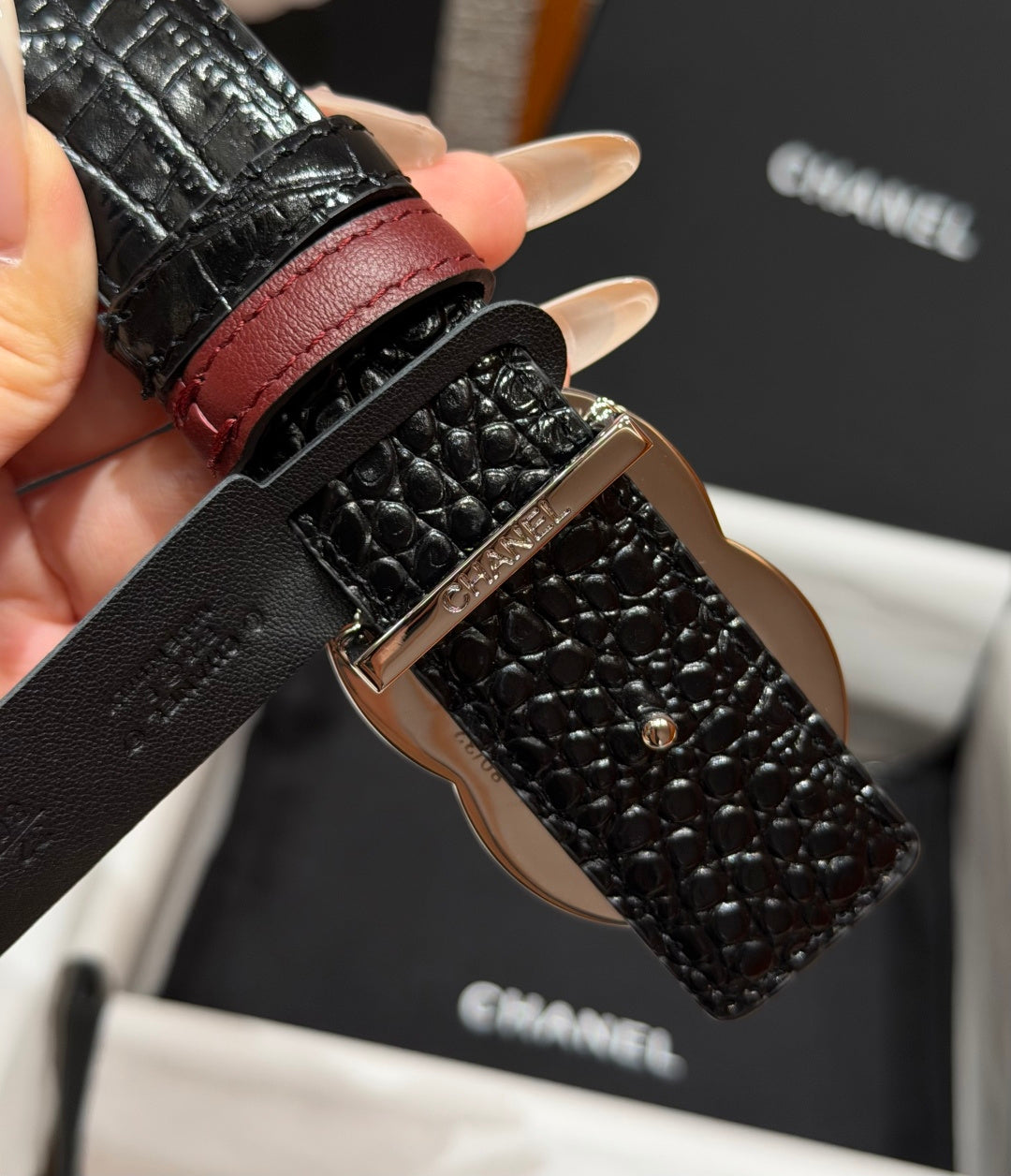 Chanel 2026 Crocodile Embossed Reversible Belt 30mm Calfskin