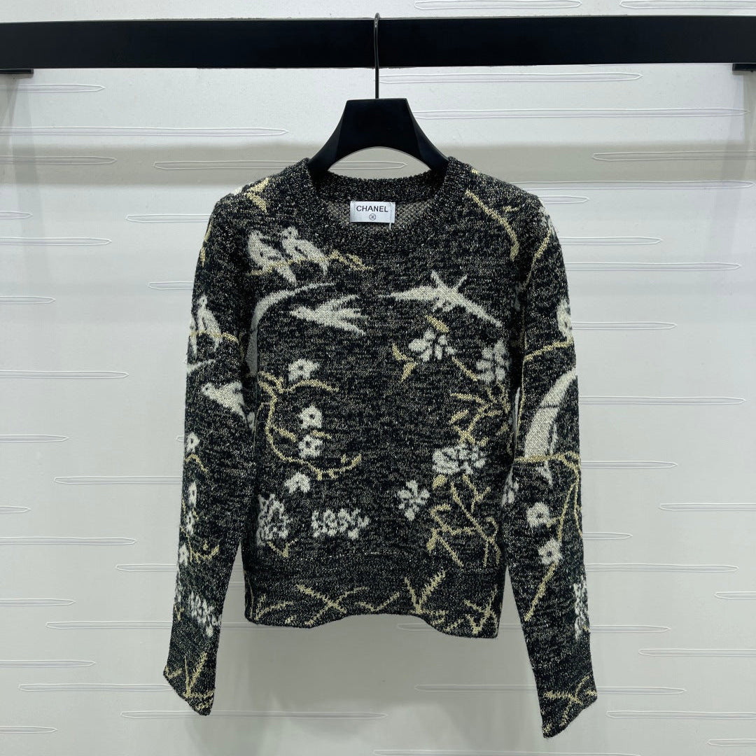 Chanel 25 Floral And Bird Long-sleeved Sweater Gray Wool 321306