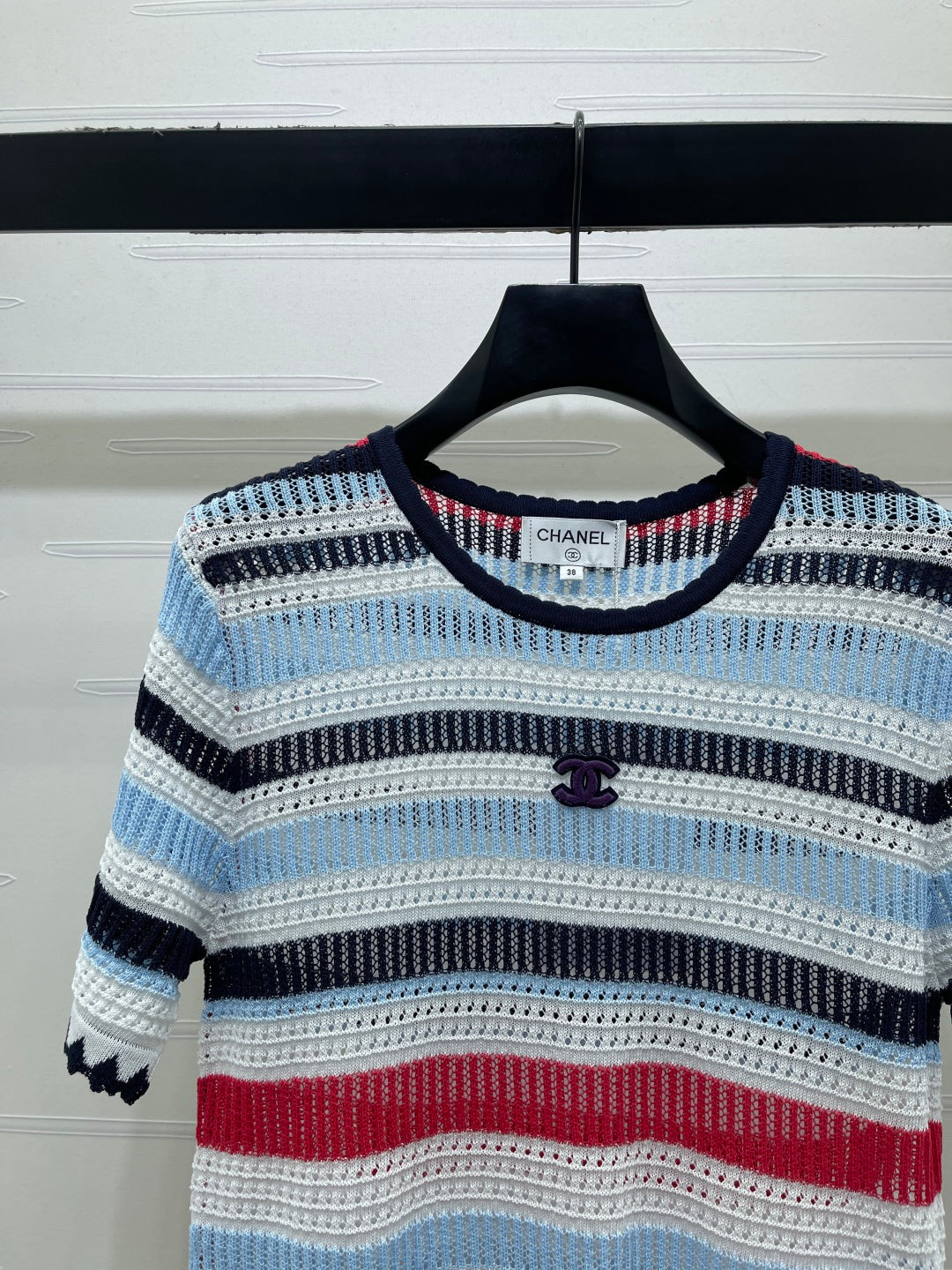Chanel 2026 Striped Knit Short Sleeve Blue Red Black Tencel 397423