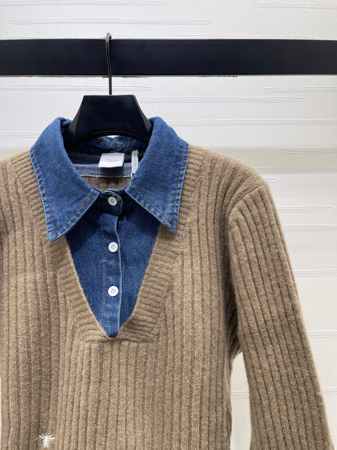 Dior 2026 Denim Patchwork Collared Knit Long-Sleeve Top Wool 779595