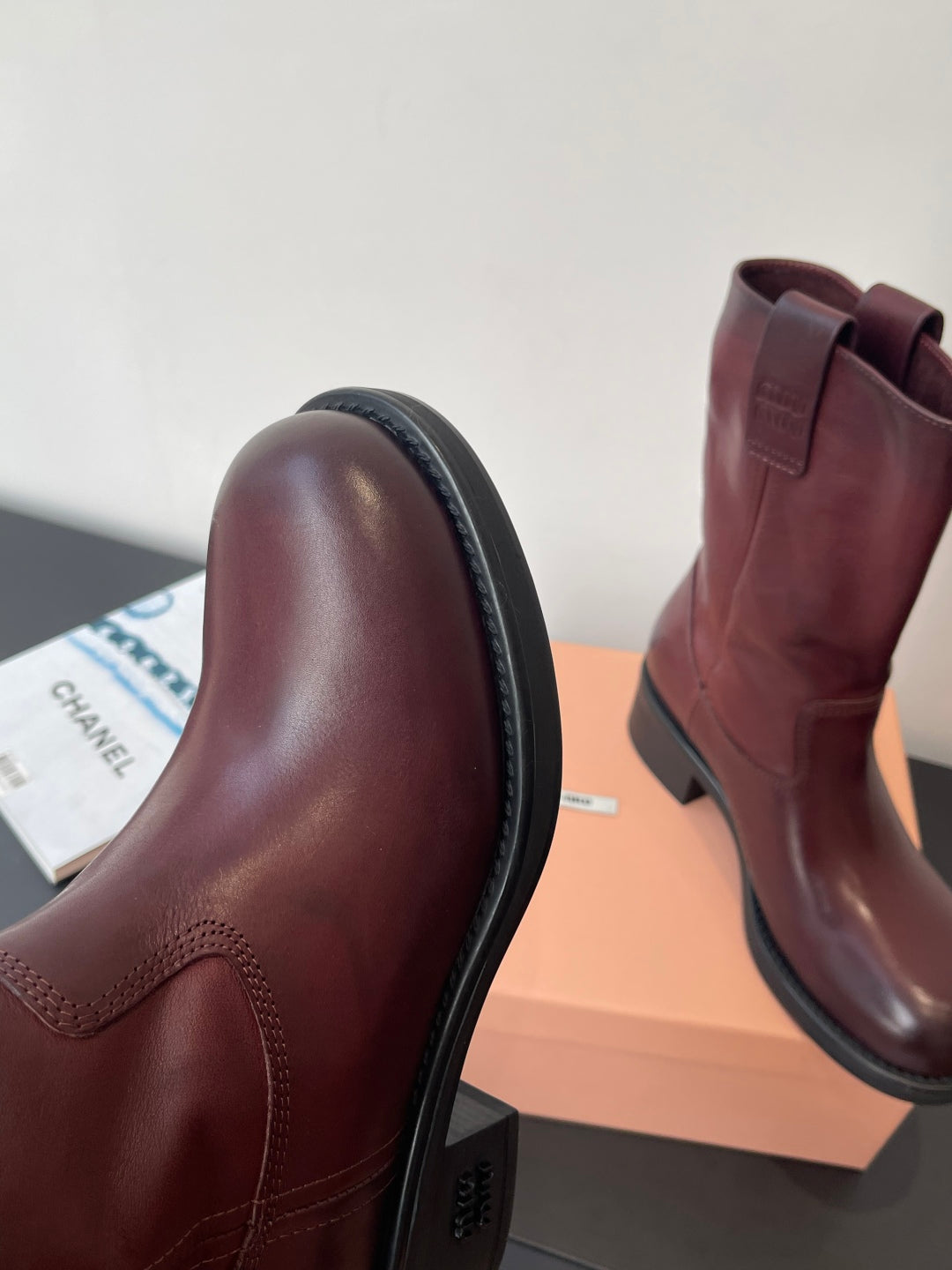 MiuMiu 26 heeled boots burgundy cowhide 521958
