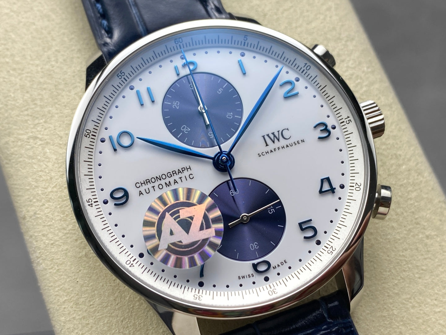 IWC Portuguese 41mm White Blue Dial Steel Case Navy Blue Leather