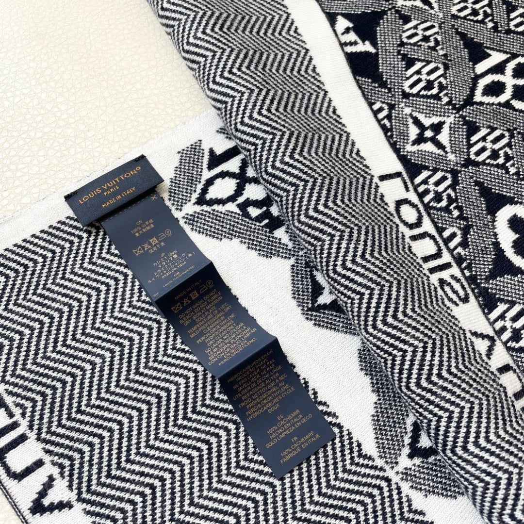 LV Couple's Style Scarf 180cm Navy Blue White Cashmere 969313