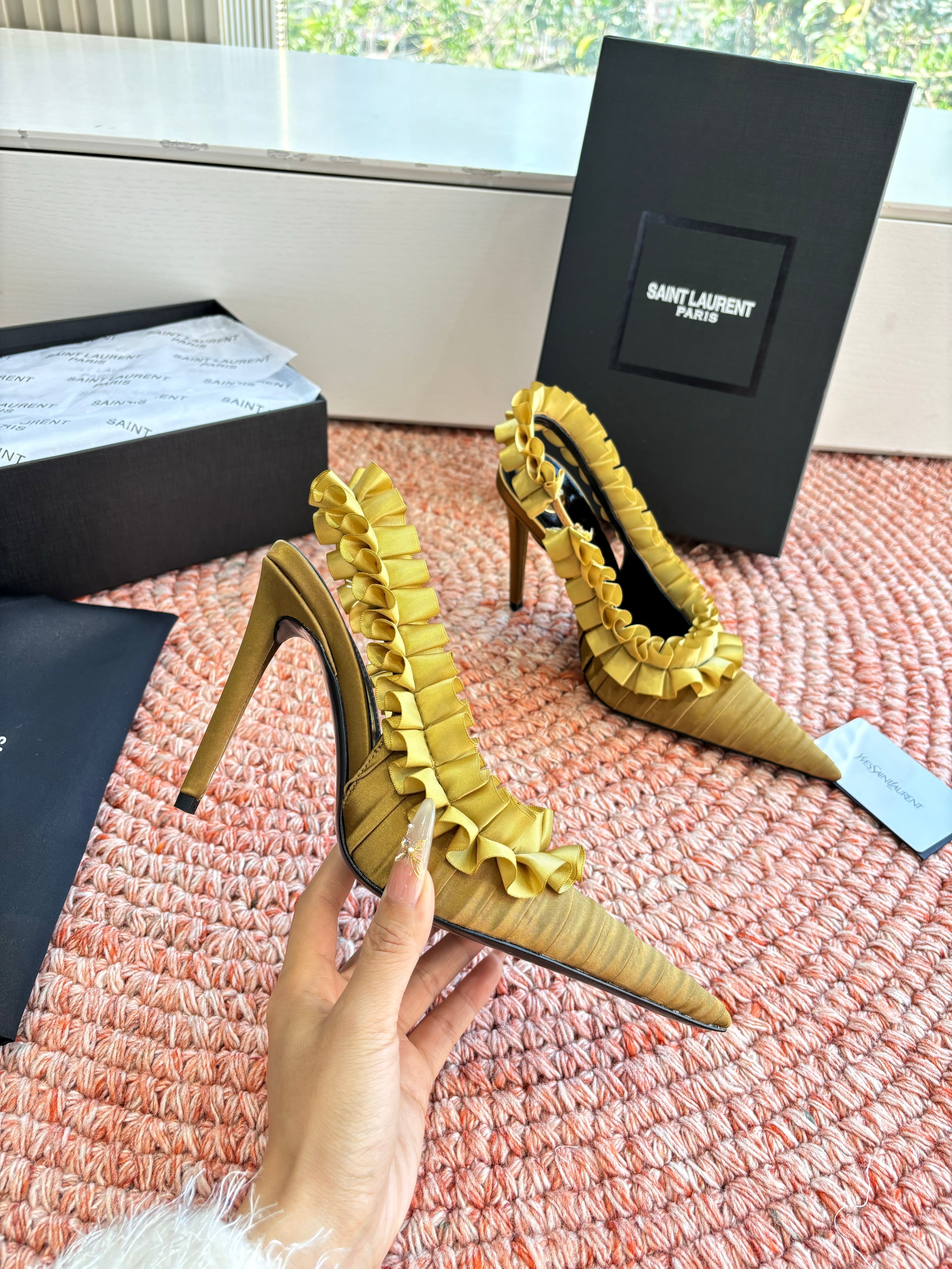 YSL 26ss Slingback Shiny Gold  Silk Leather 648839
