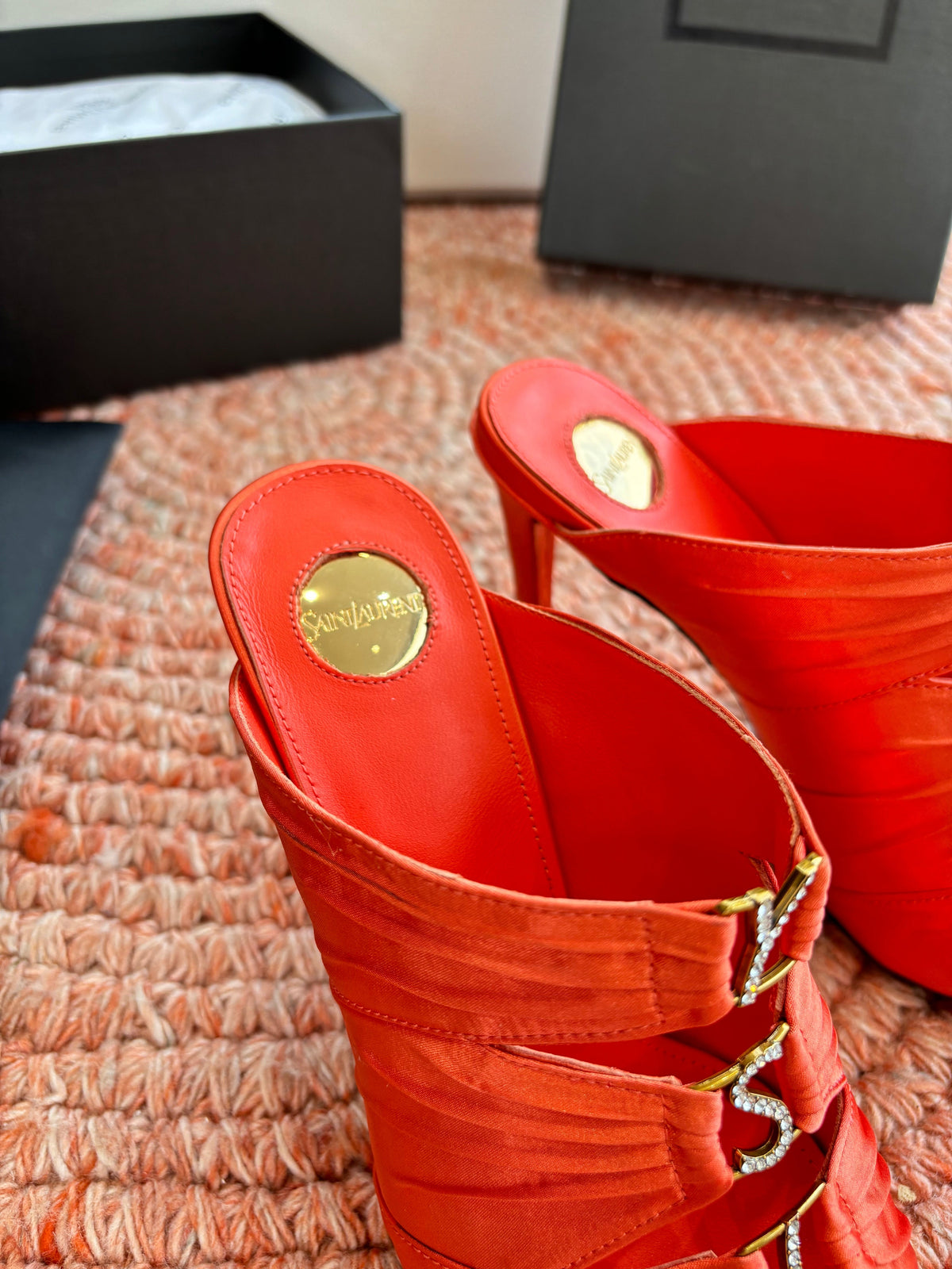 YSL 26ss Pointed High Heels Sandals 110 Orange Silk Leather 648789