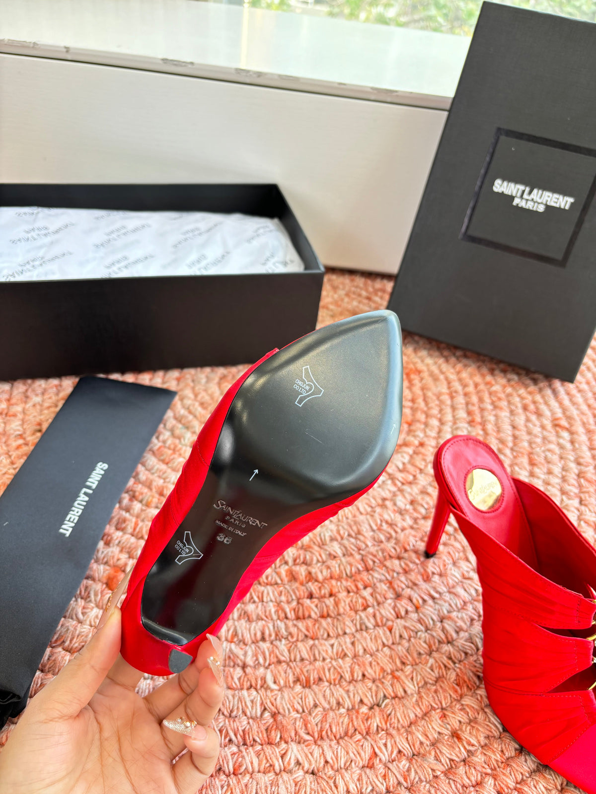 YSL 26ss Pointed High Heels Sandals 110 Red Silk Leather 648790