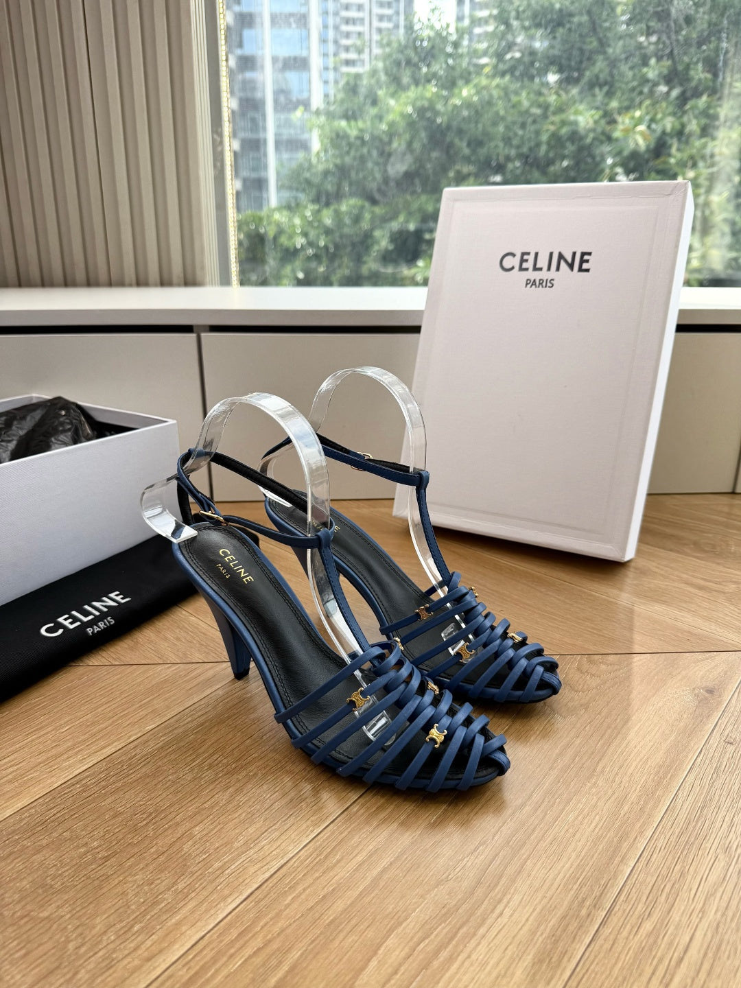 Celine 2026 Cage Heeled Sandals 90mm Blue Leather 995606