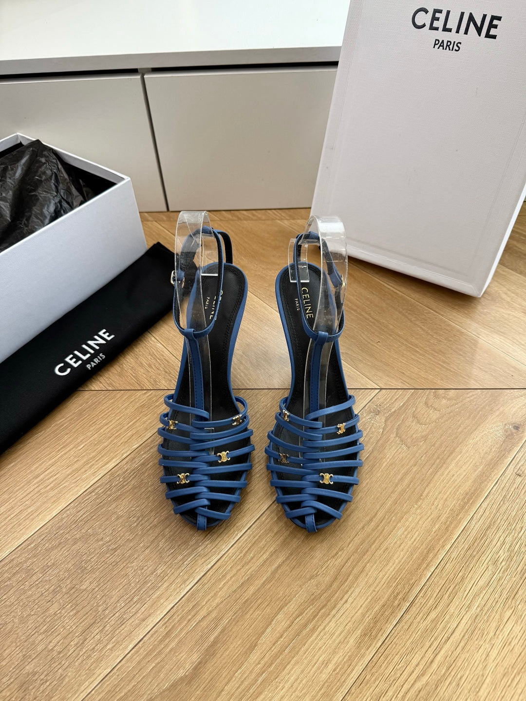 Celine 2026 Cage Heeled Sandals 90mm Blue Leather 995606