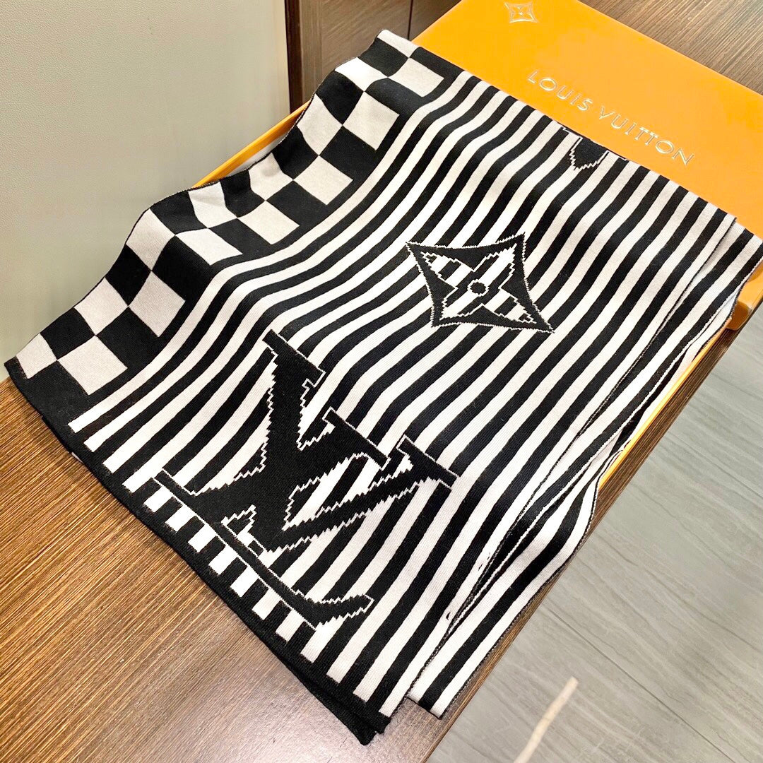 LV Unisex Scarf 180cm White Black Fabric 968477