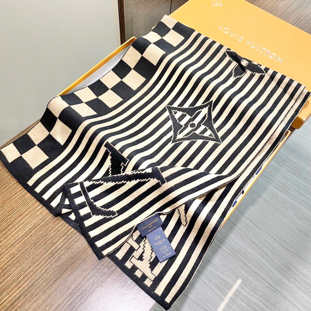 LV Unisex Scarf 180cm Black Beige Fabric 968478