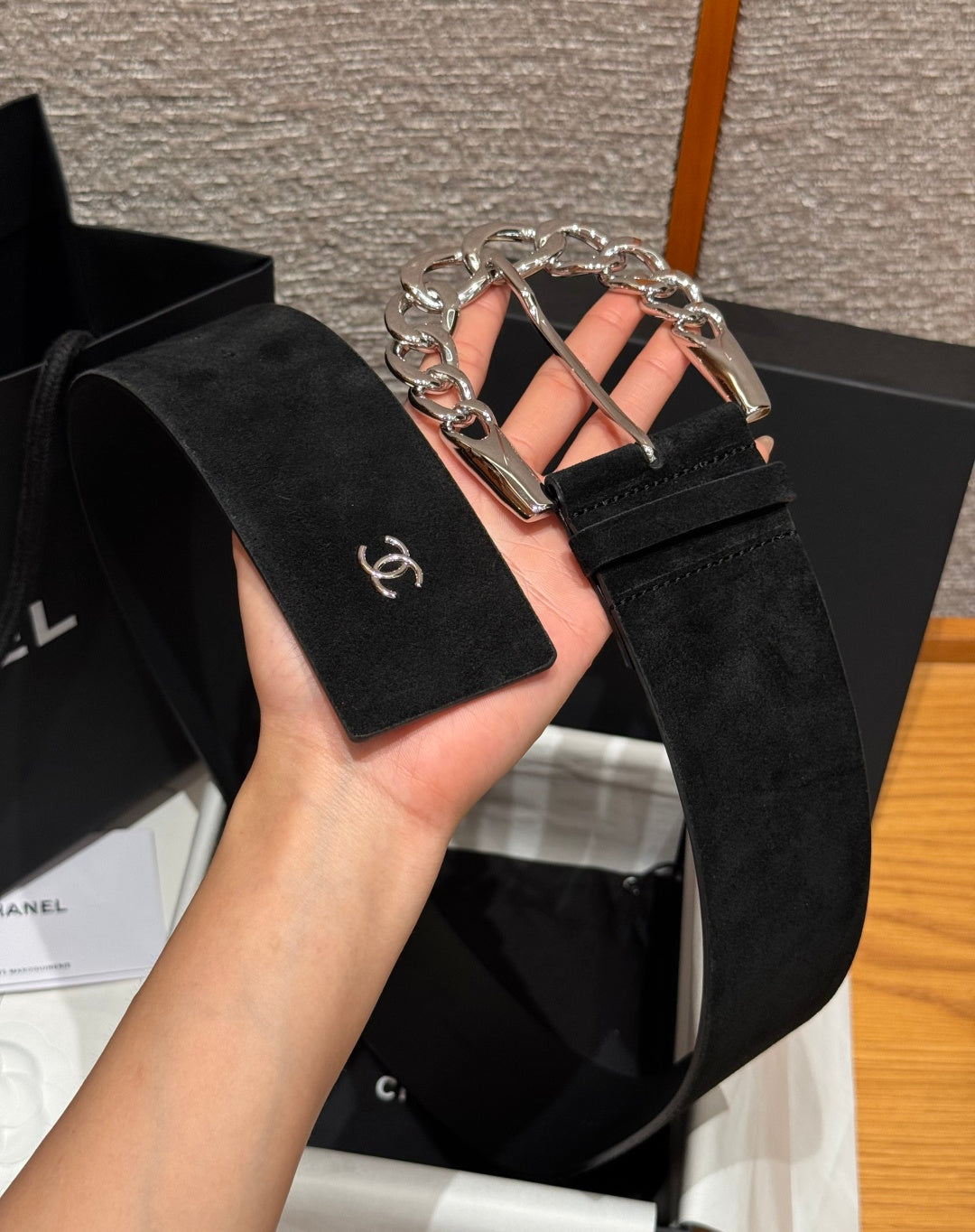 Chanel 2026 Wide Chain Buckle Belt 60mm Suede 207183