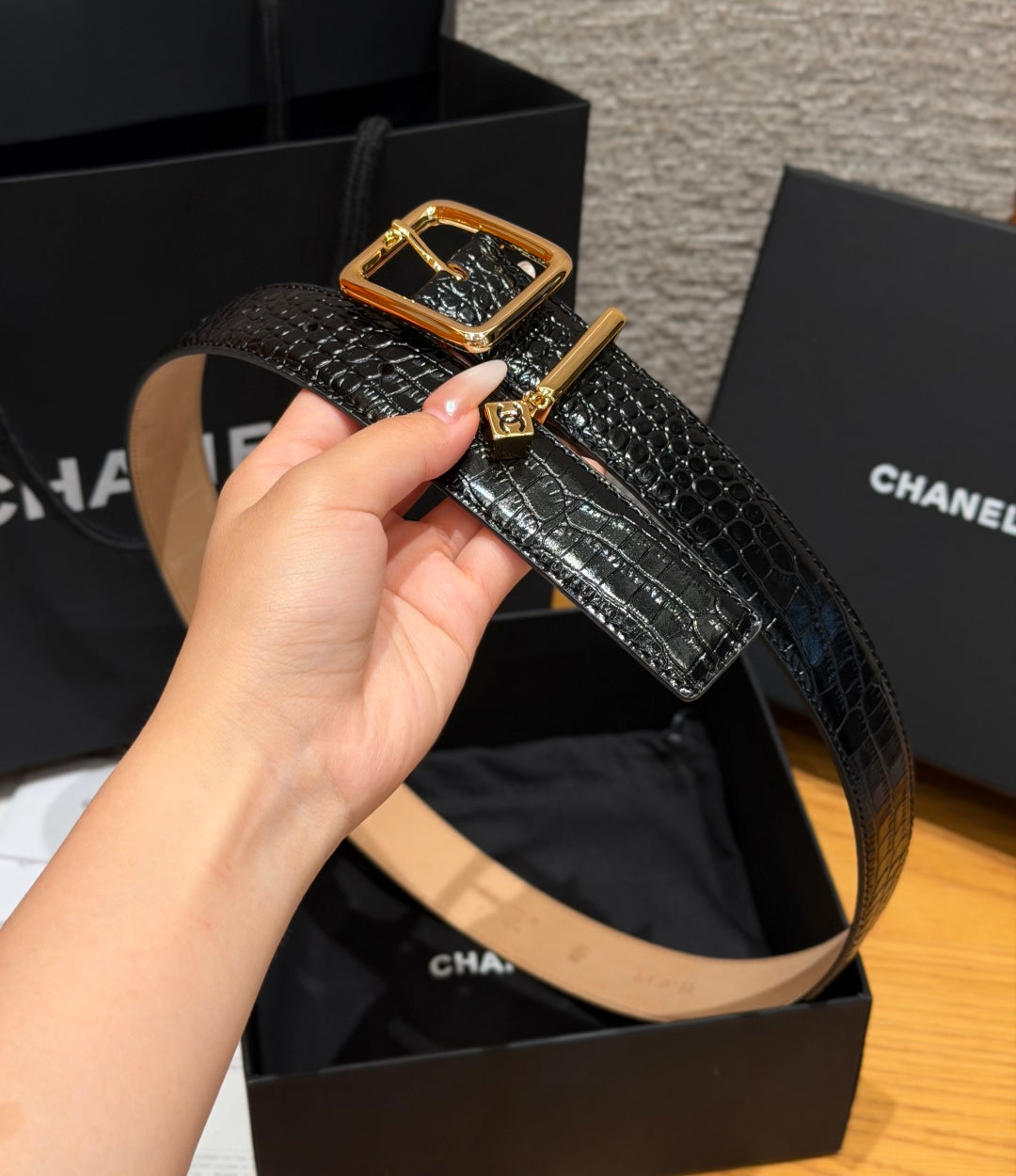 Chanel 2026 Crocodile-Embossed CC Charm Belt 30mm Calfskin 209291