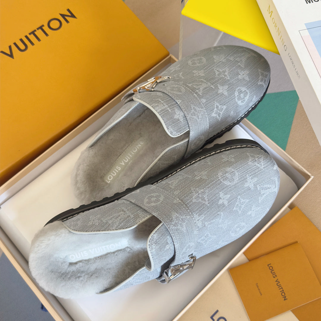 LV 25 Birkenstock Platform Slippers Light Gray Denim Wool 576212