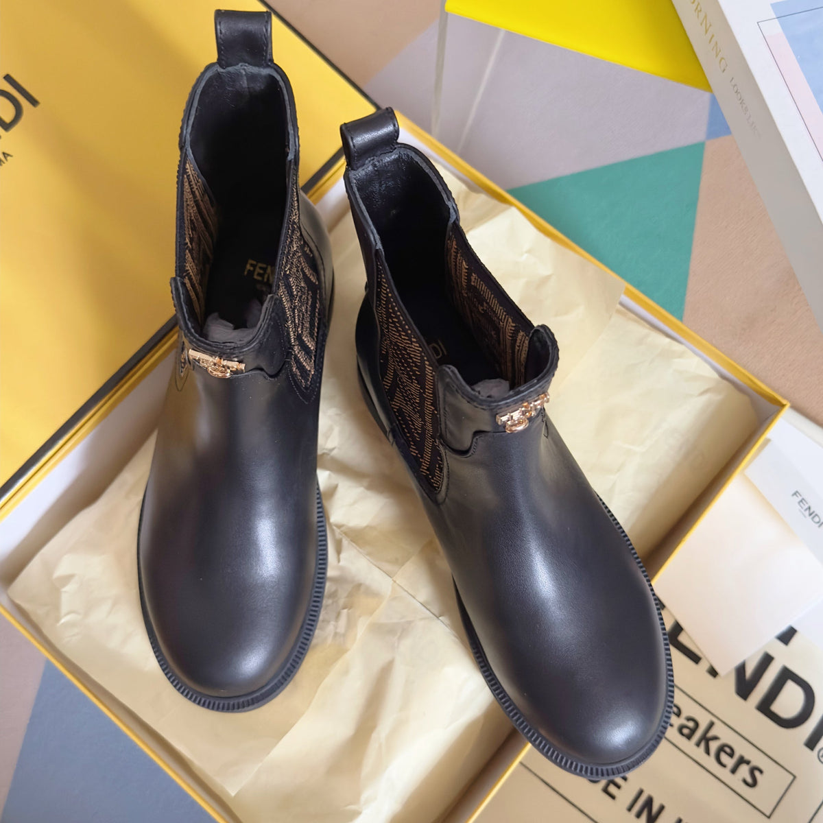 Fendi 2025 FF Monogram Chelsea Boot Black Brown Leather Fabric  553105