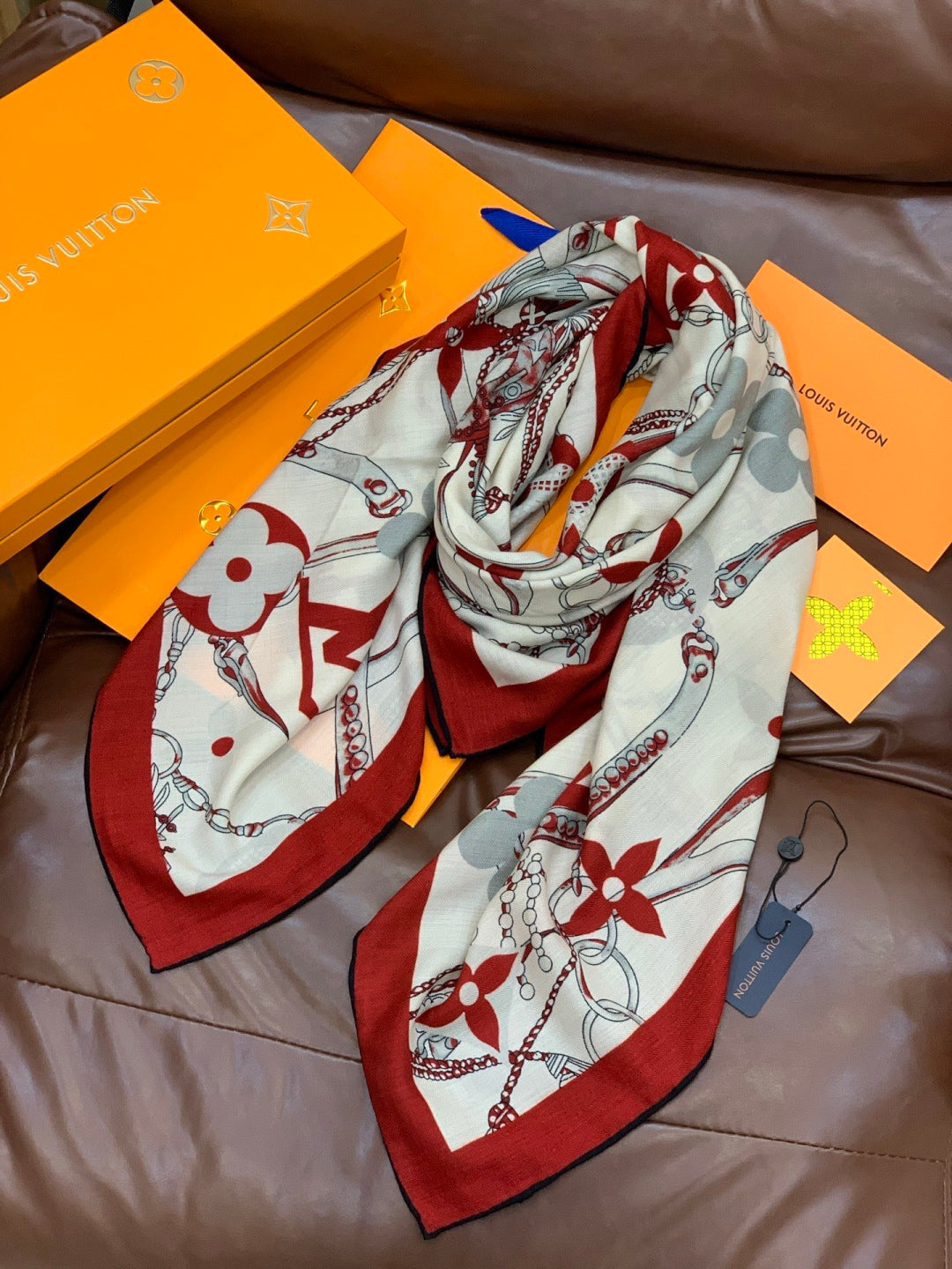 LV Latest Style Scarf 140cm White Gray Red Cashmere 969238