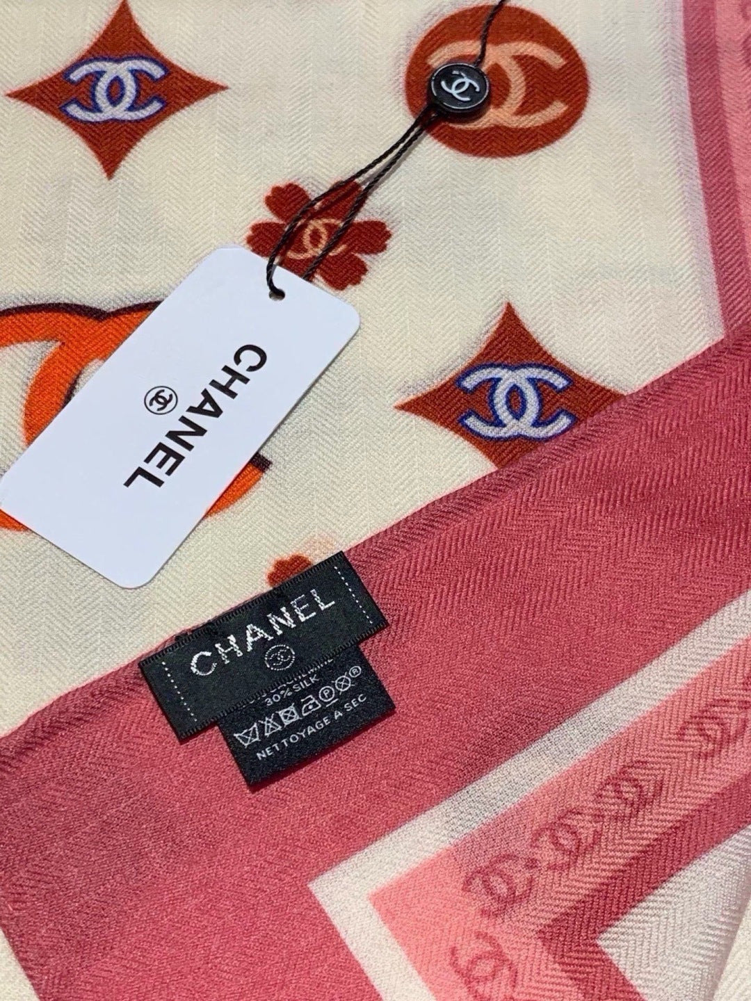 Chanel 2026 Floral Motifs Scarf 140cm Pink White Silk 213761