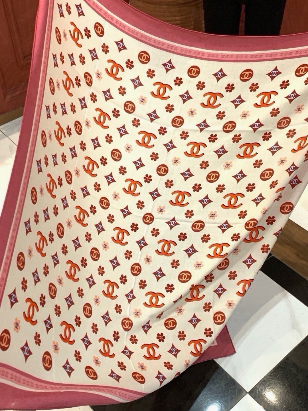 Chanel 2026 Floral Motifs Scarf 140cm Pink White Silk 213761