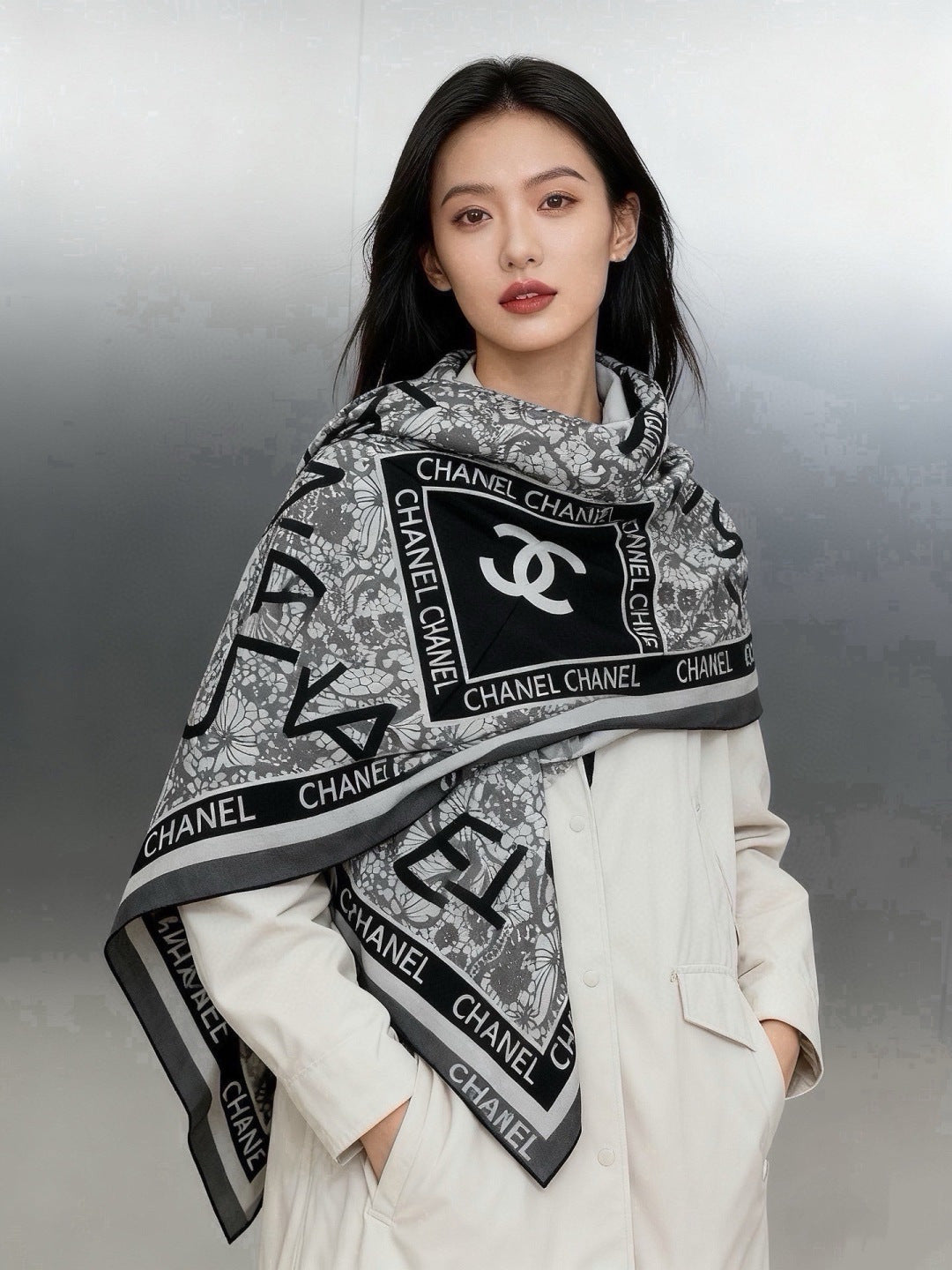 Chanel 2026 Lace Pattern Scarf 135cm Black Gray Silk And Cashmere 213767