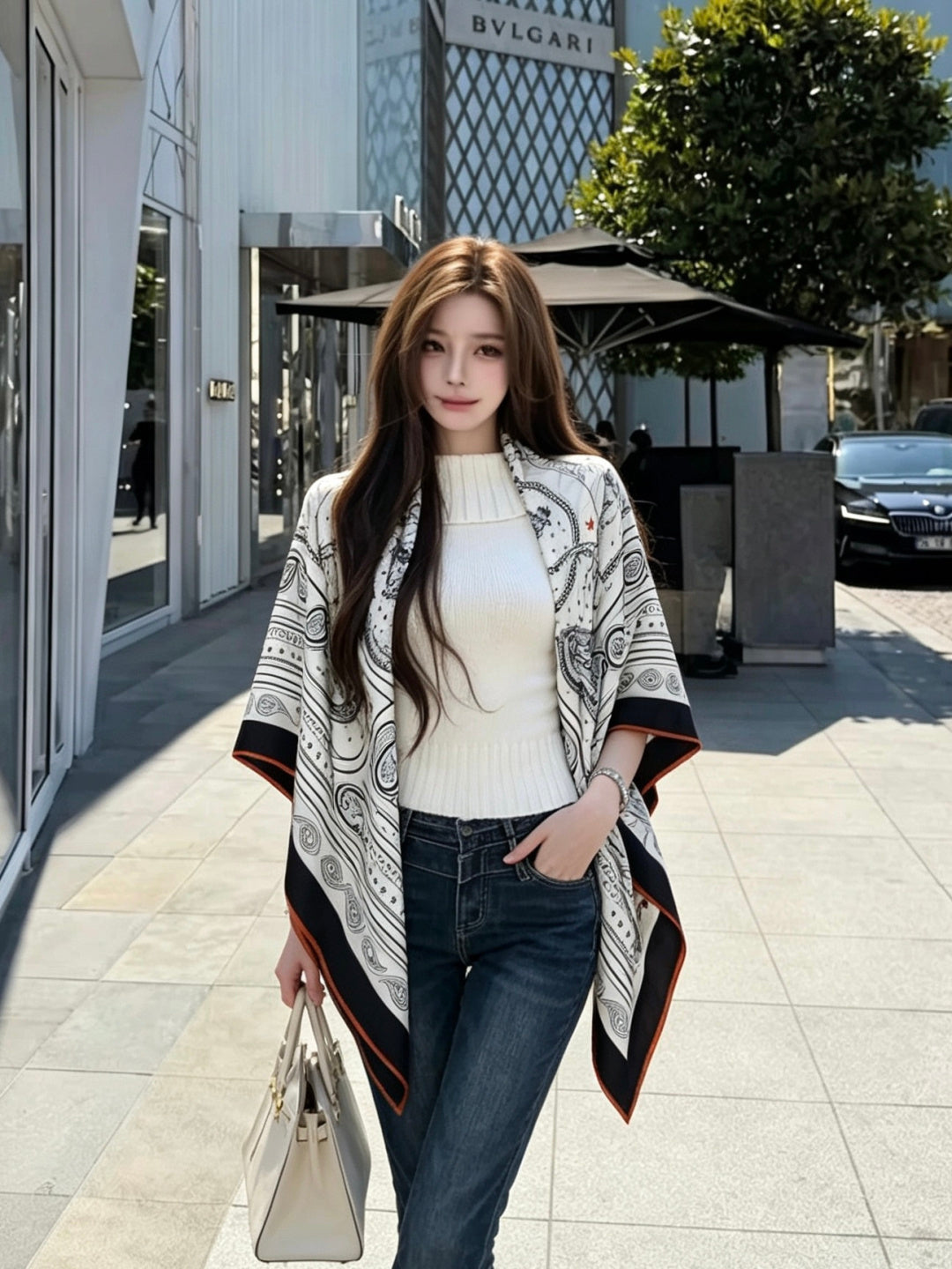 Hermès 2026 Bandana Scarf 140cm Black White Cashmere And Silk 218152