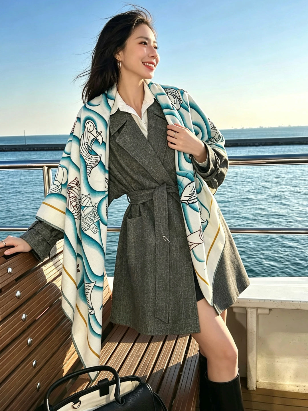 Hermès 2026 L'Appel Du Large Shawl Scarf 140cm Blue White Cashmere And Silk 218150