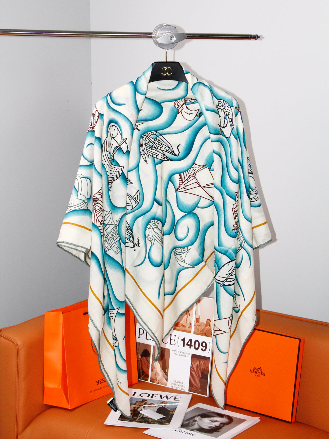 Hermès 2026 L'Appel Du Large Shawl Scarf 140cm Blue White Cashmere And Silk 218150