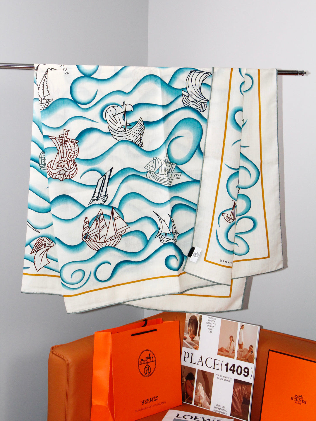 Hermès 2026 L'Appel Du Large Shawl Scarf 140cm Blue White Cashmere And Silk 218150