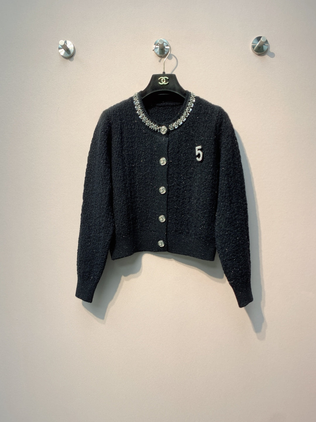 Chanel 25 Round Neck Sequined Custom Button Knit Cardigan Wool 317963