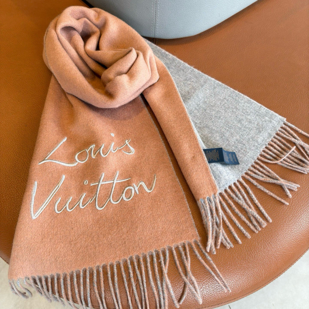 LV Reversible Scarf 180cm Pink Gray Sheep Wool 978753