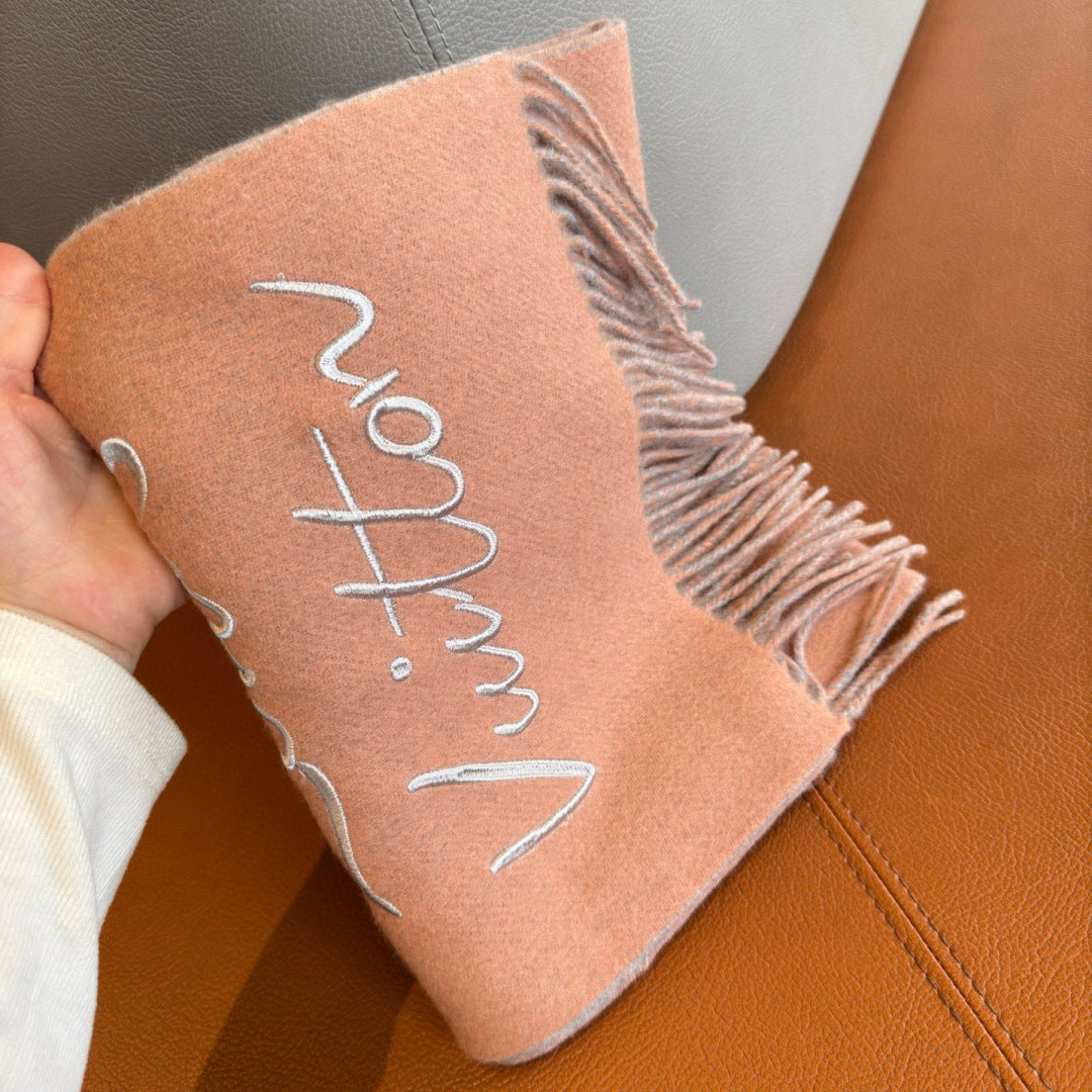 LV Reversible Scarf 180cm Pink Gray Sheep Wool 978753