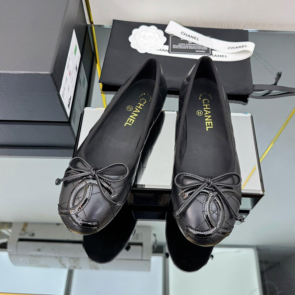 CC 25 Cambon Ballet Flat Black Quilted Calfskin