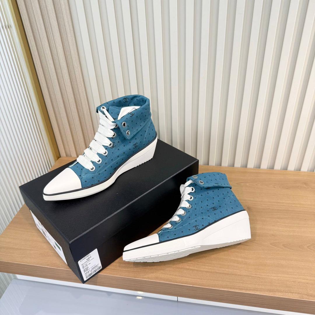 Chanel 2026 Polka Dot Wedge High-Top Sneakers Cloth 191218