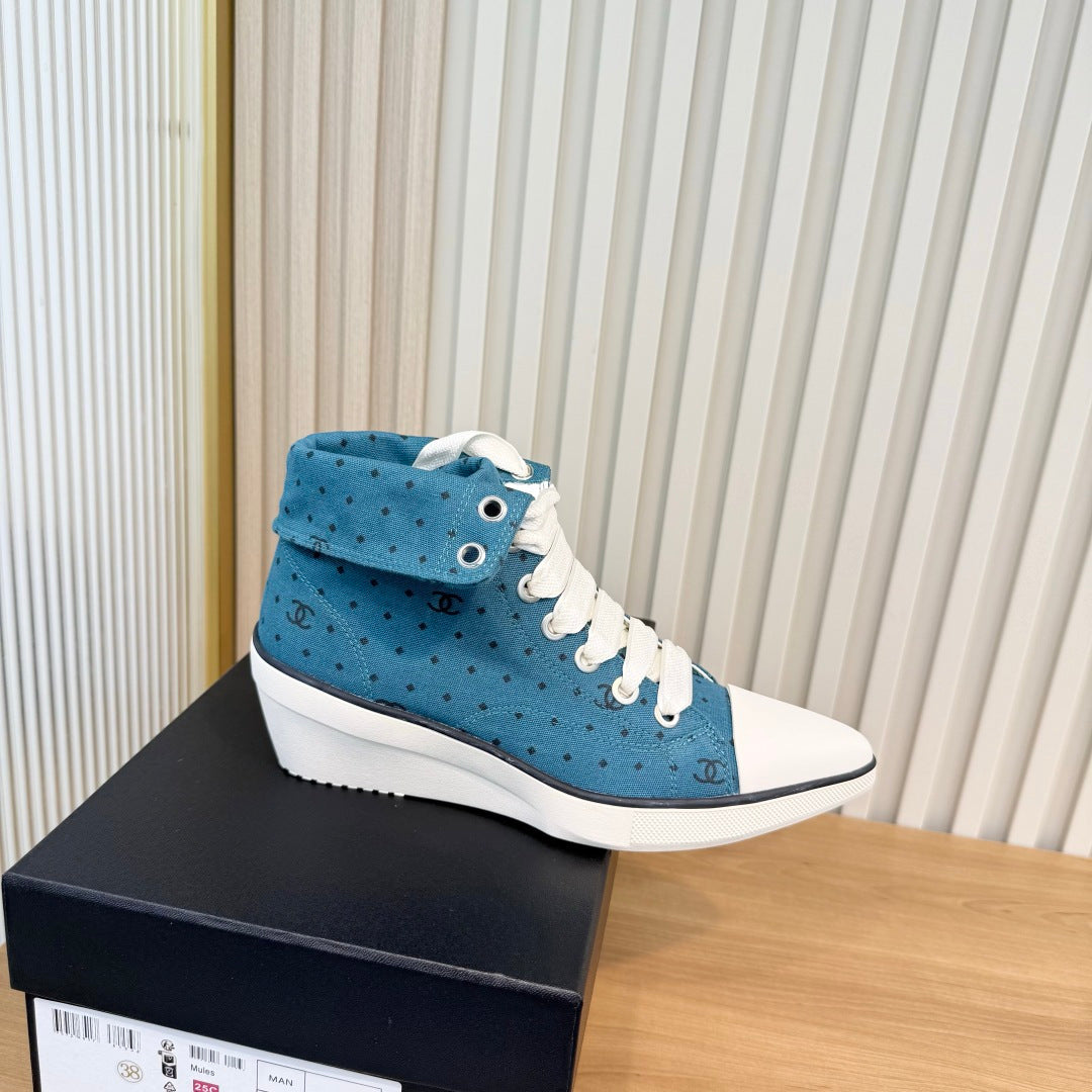 Chanel 2026 Polka Dot Wedge High-Top Sneakers Cloth 191218