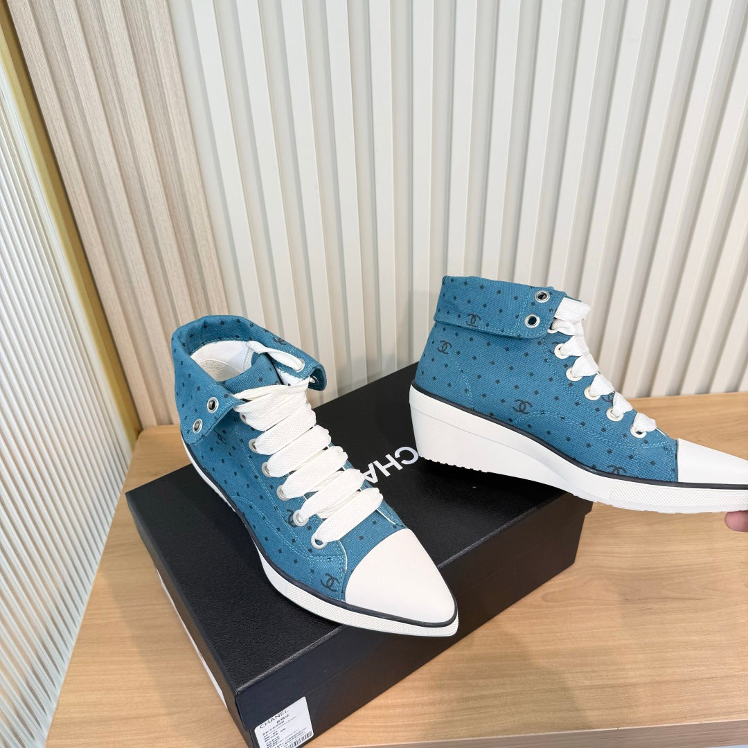 Chanel 2026 Polka Dot Wedge High-Top Sneakers Cloth 191218