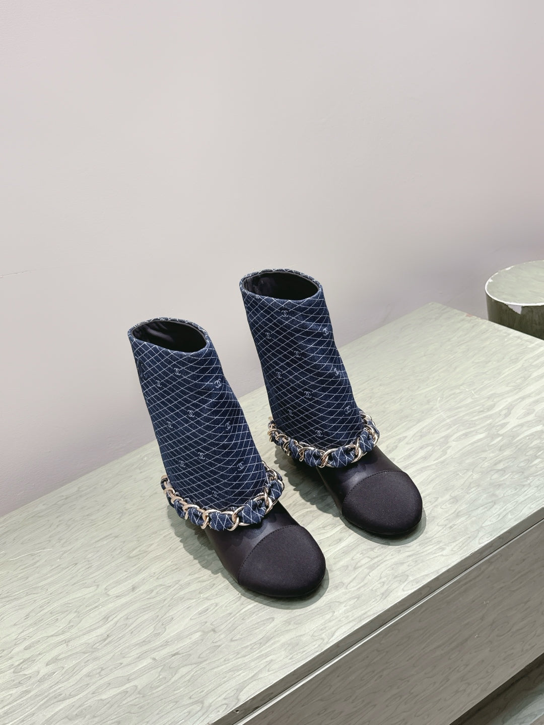 CC 25 Short Boot Navy Blue Black Denim Fabric Calfskin 515266