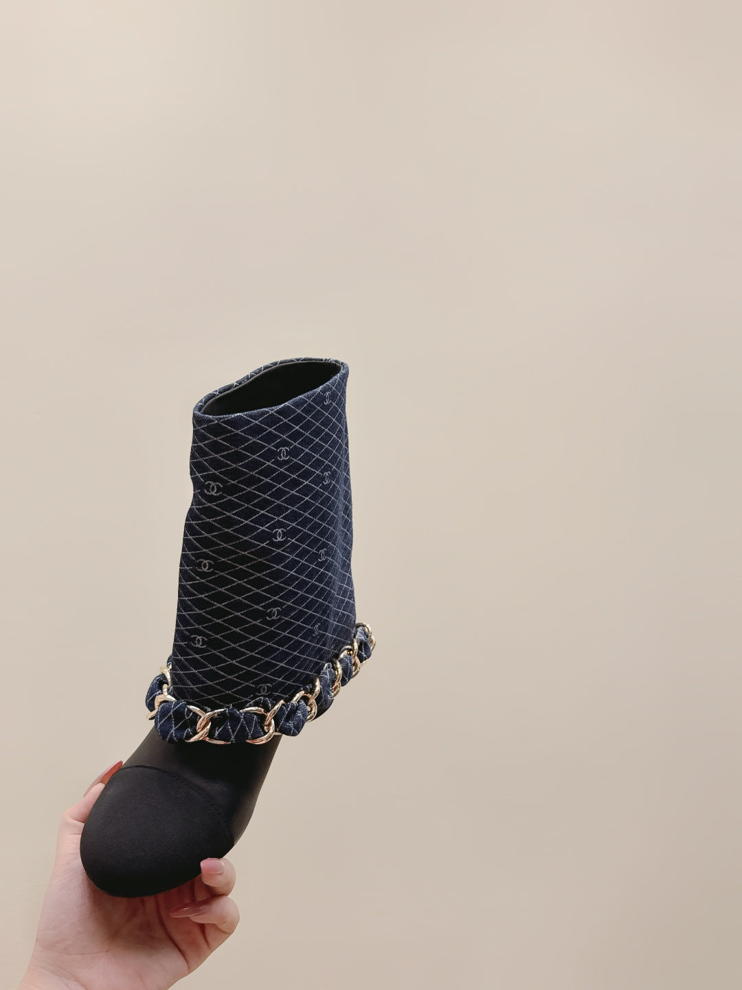 CC 25 Short Boot Navy Blue Black Denim Fabric Calfskin 515266