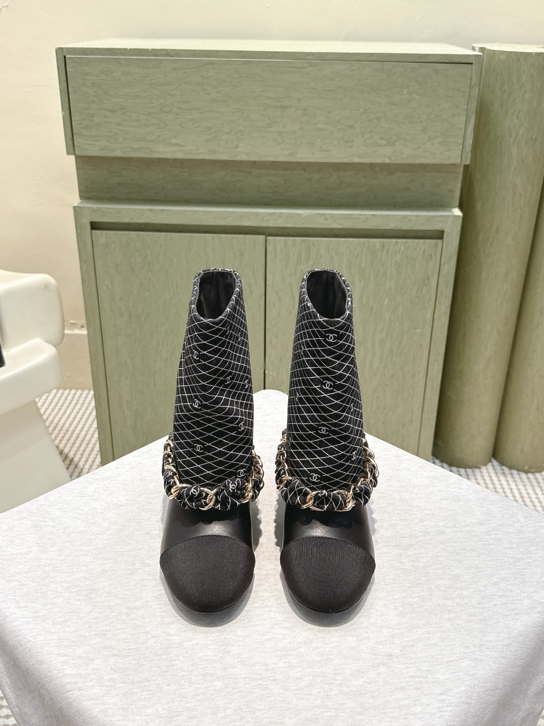 CC 25 Short Boot Black Denim Fabric Calfskin 515267