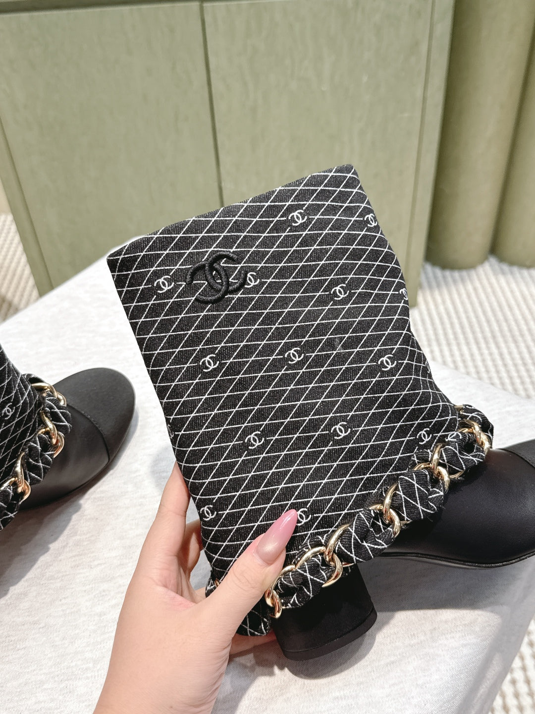 CC 25 Short Boot Black Denim Fabric Calfskin 515267