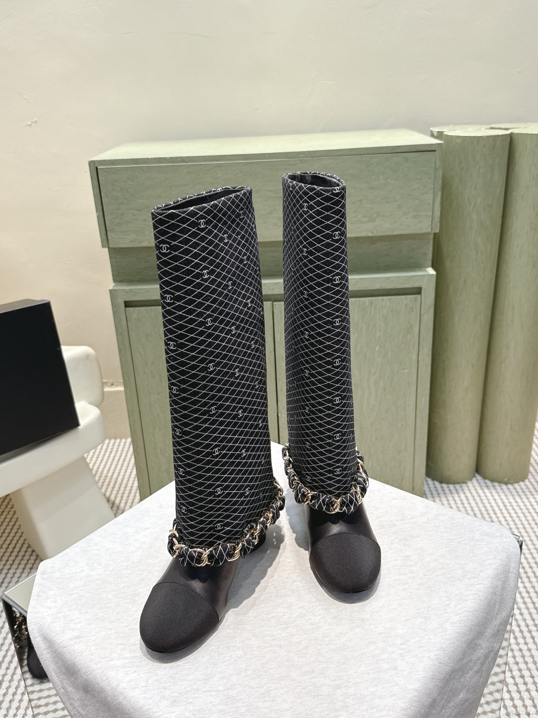 CC 25 Long Boot Black Denim Fabric Calfskin 515272
