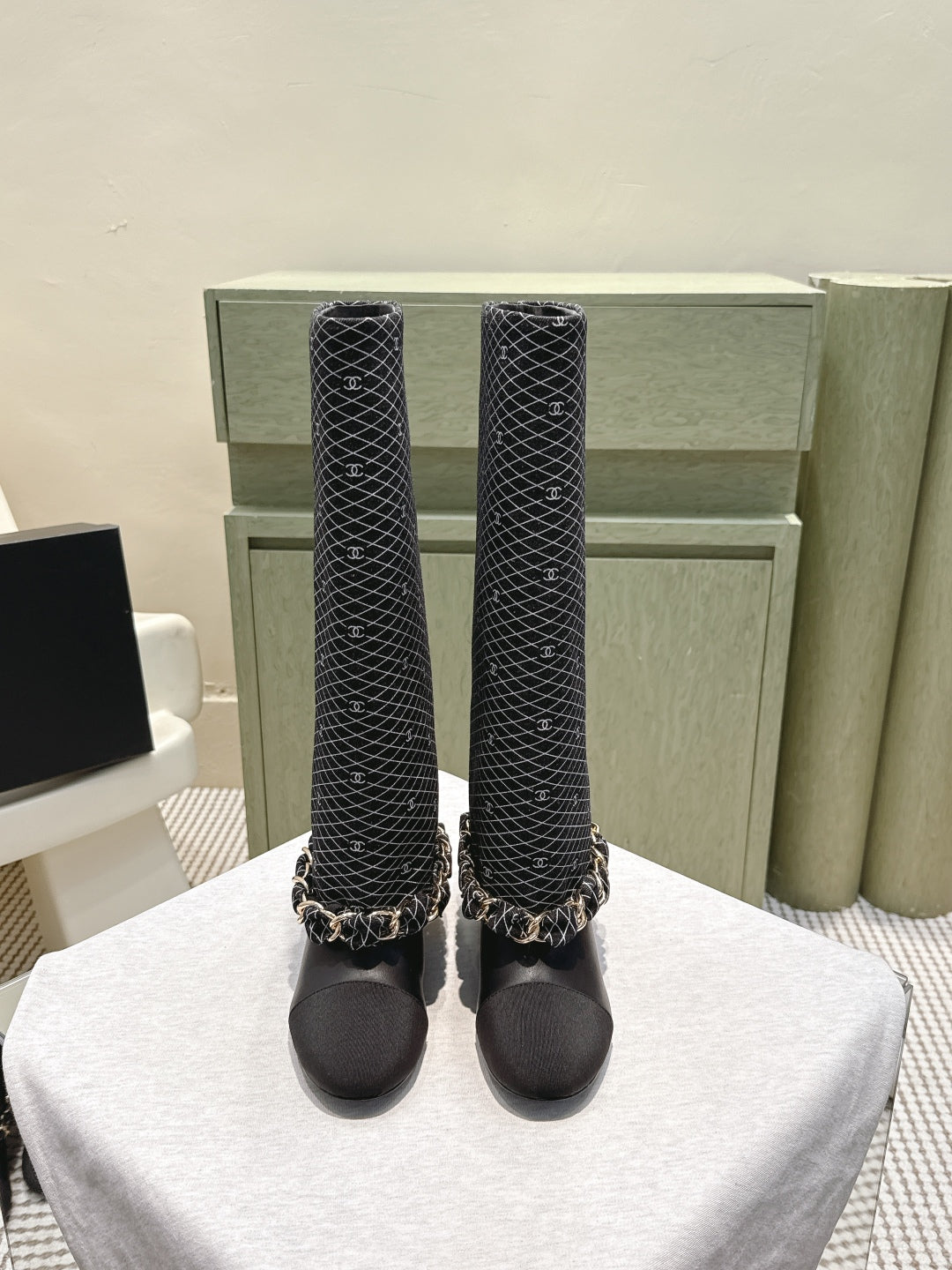 CC 25 Long Boot Black Denim Fabric Calfskin 515272