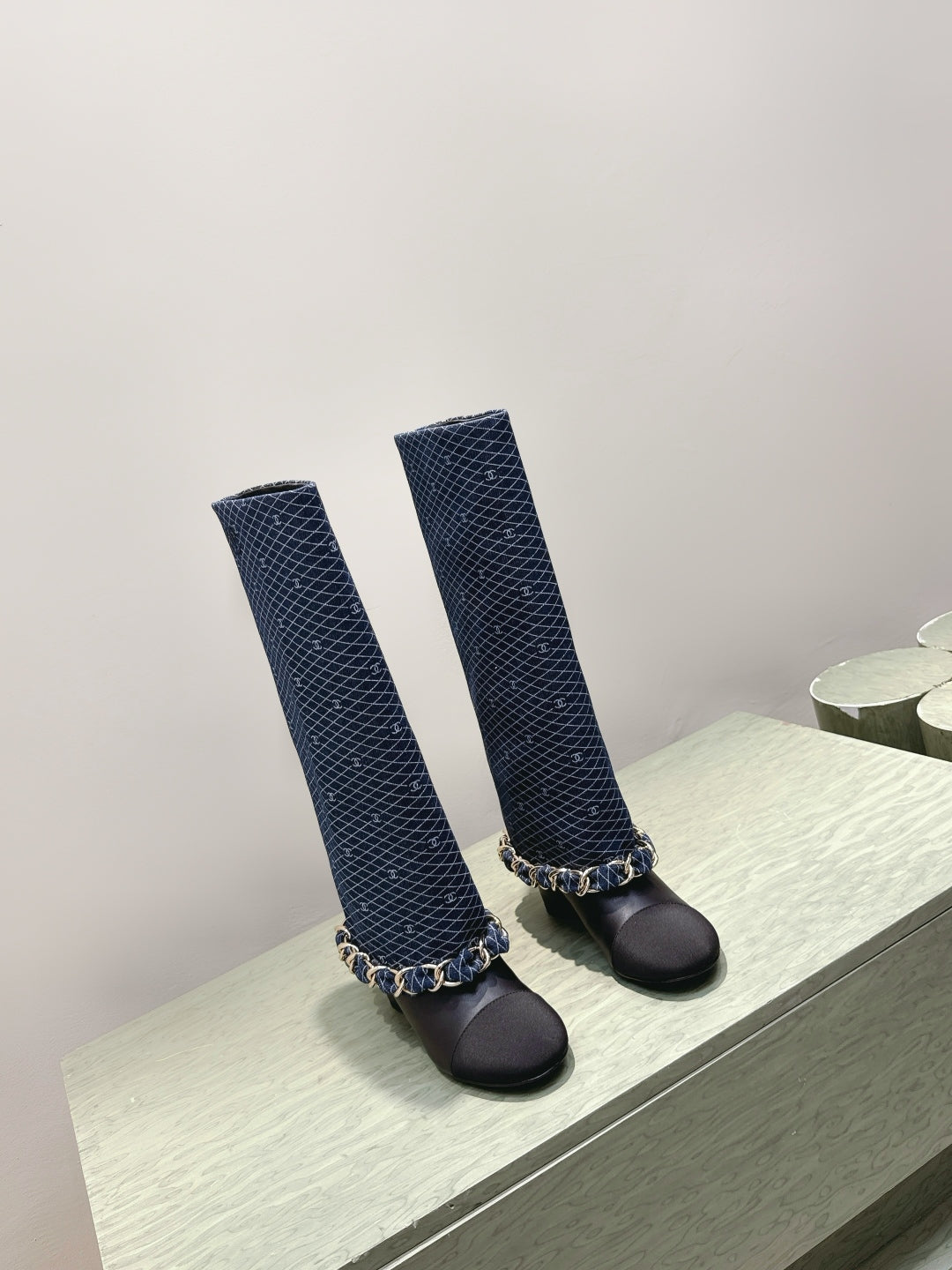 CC 25 Long Boot Navy Blue Black Denim Fabric Calfskin 515273