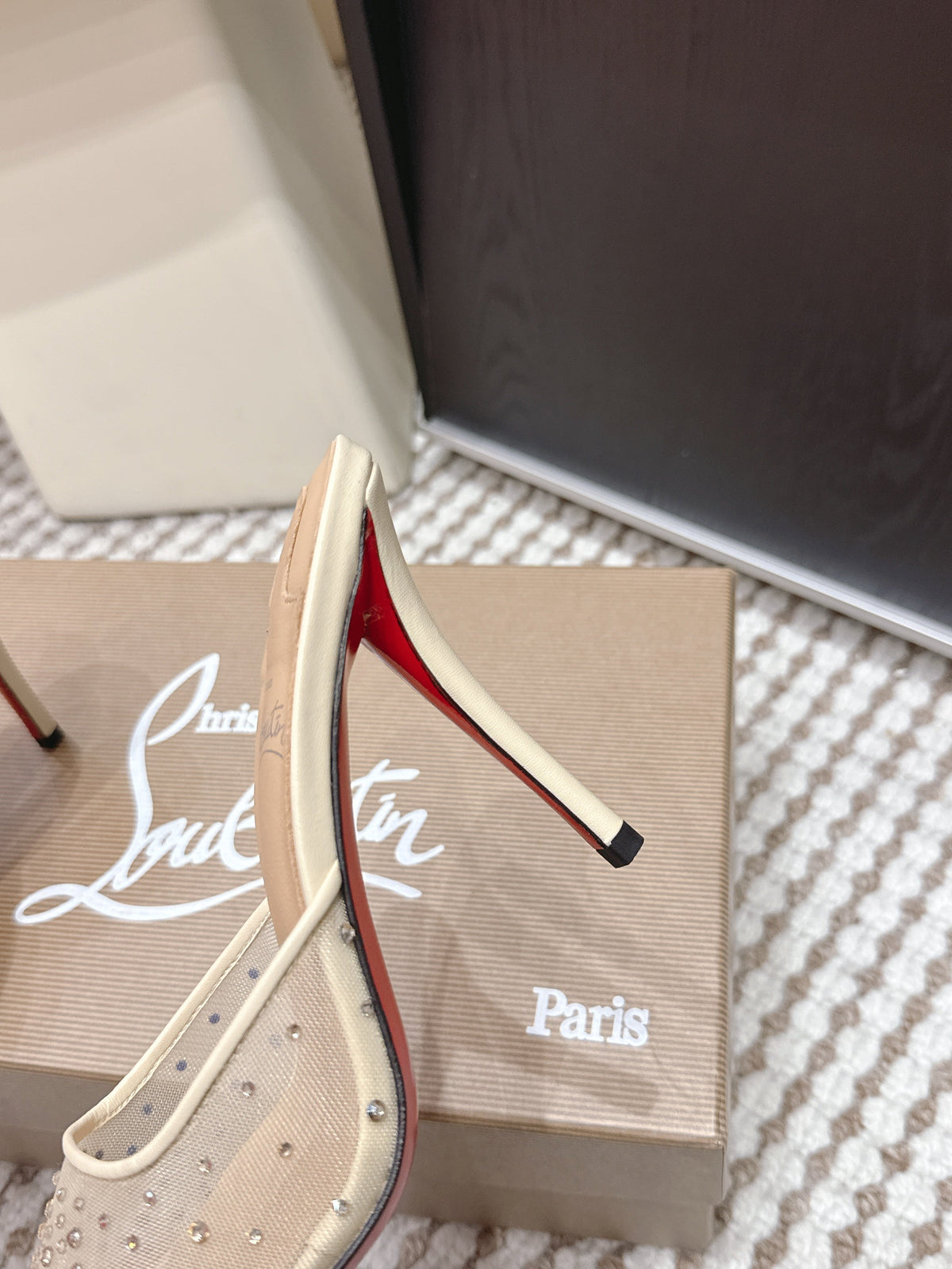 CL 26SS High-Heeled Slippers 100 Beige Mesh Rhinestone Leather 658055