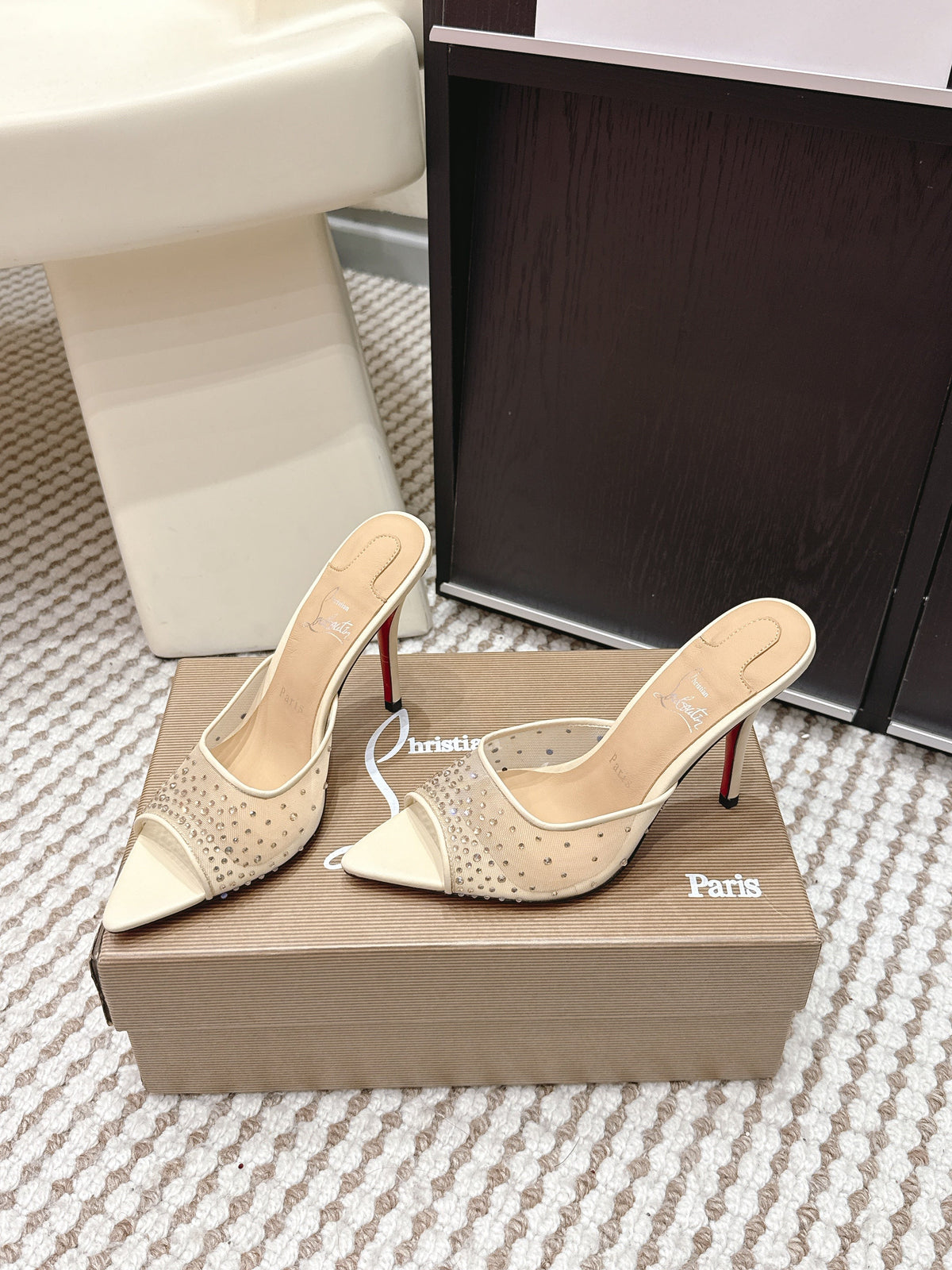 CL 26SS High-Heeled Slippers 100 Beige Mesh Rhinestone Leather 658055