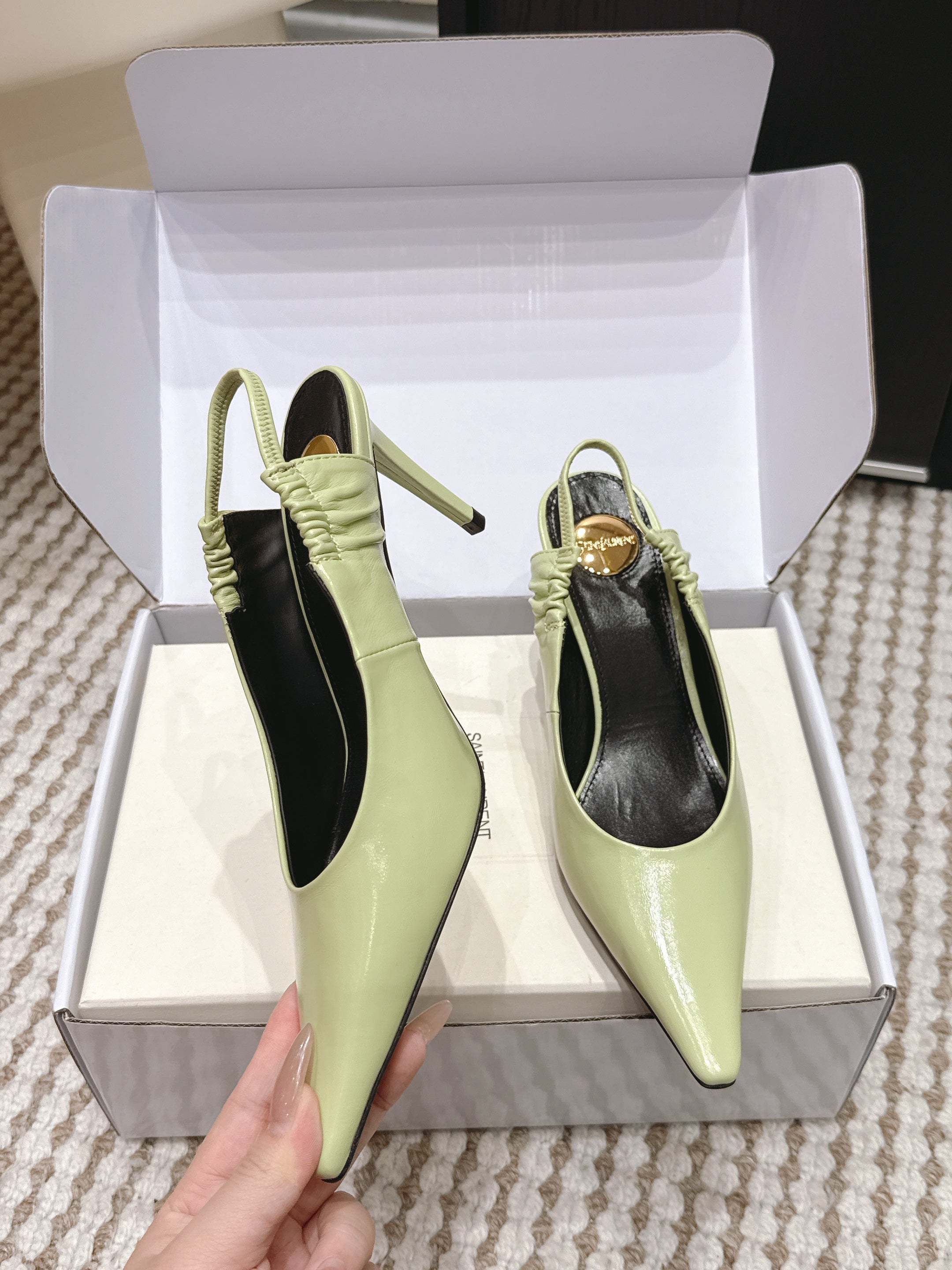 YSL 26ss Slingback 75 Light Green Glossy Leather 654716
