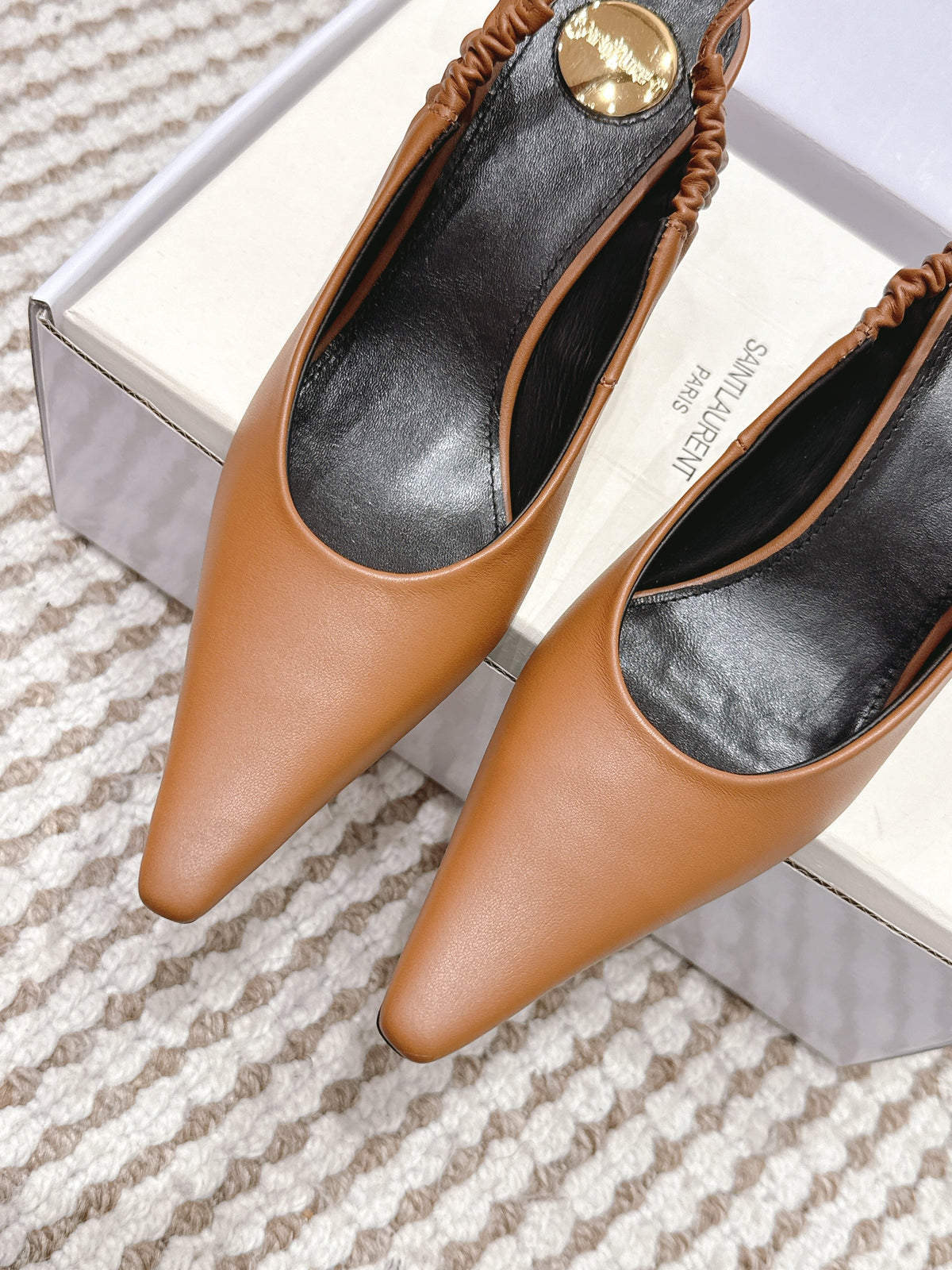 YSL 26ss Slingback 75 Camel Brown Sheepskin 654718