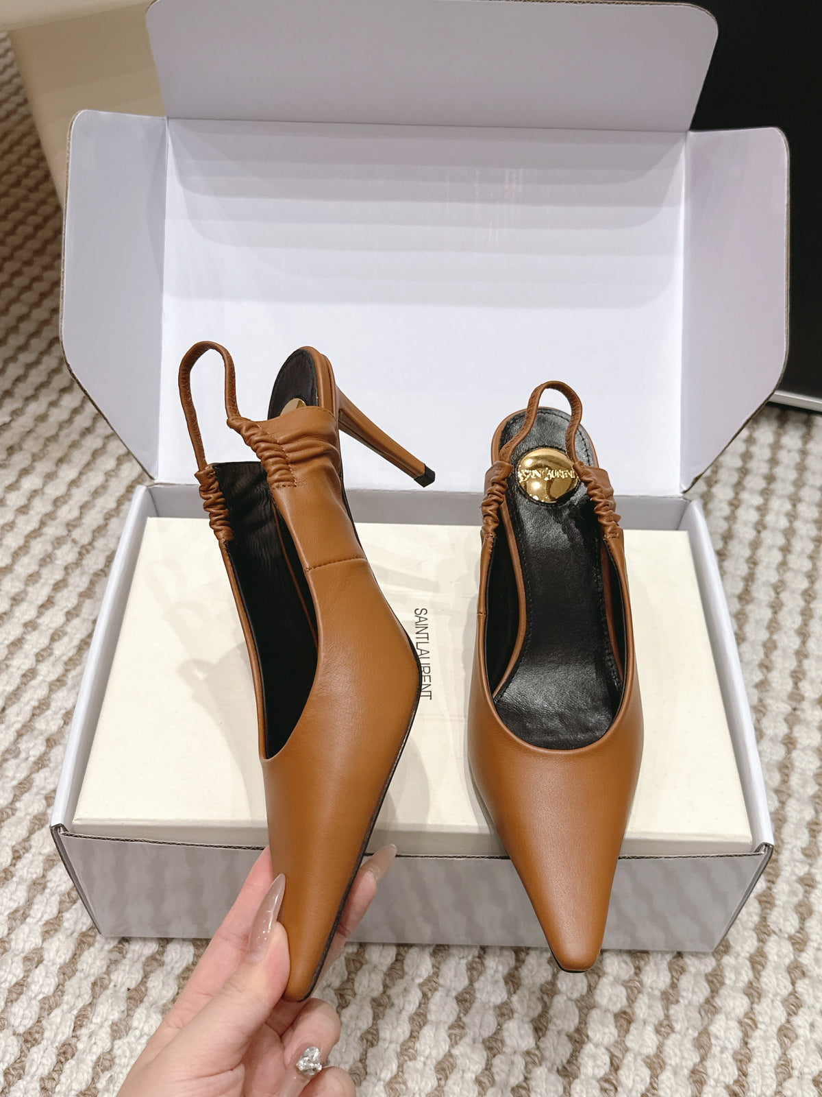YSL 26ss Slingback 75 Camel Brown Sheepskin 654718