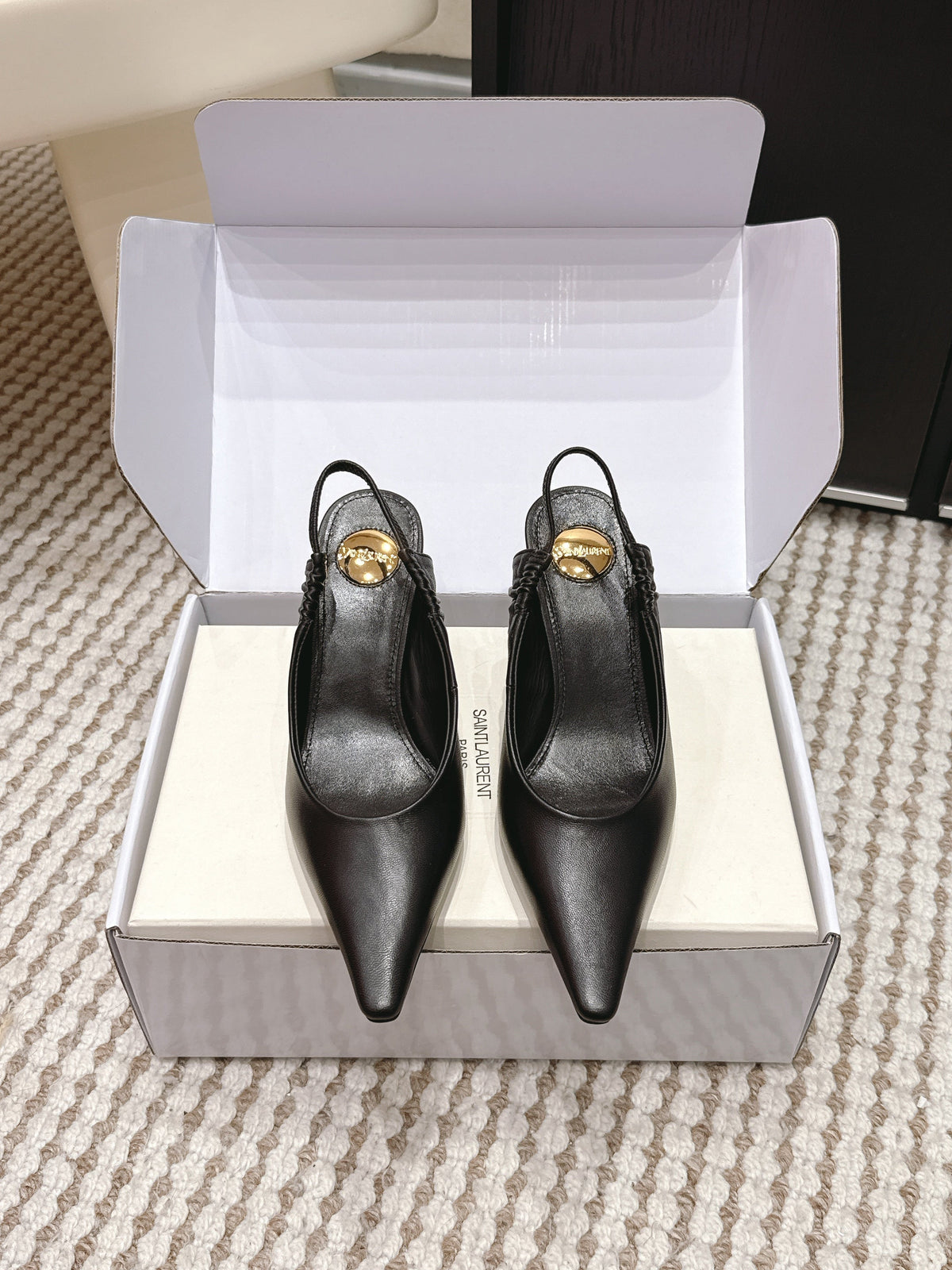YSL 26ss Slingback 75 Black Sheepskin 654719
