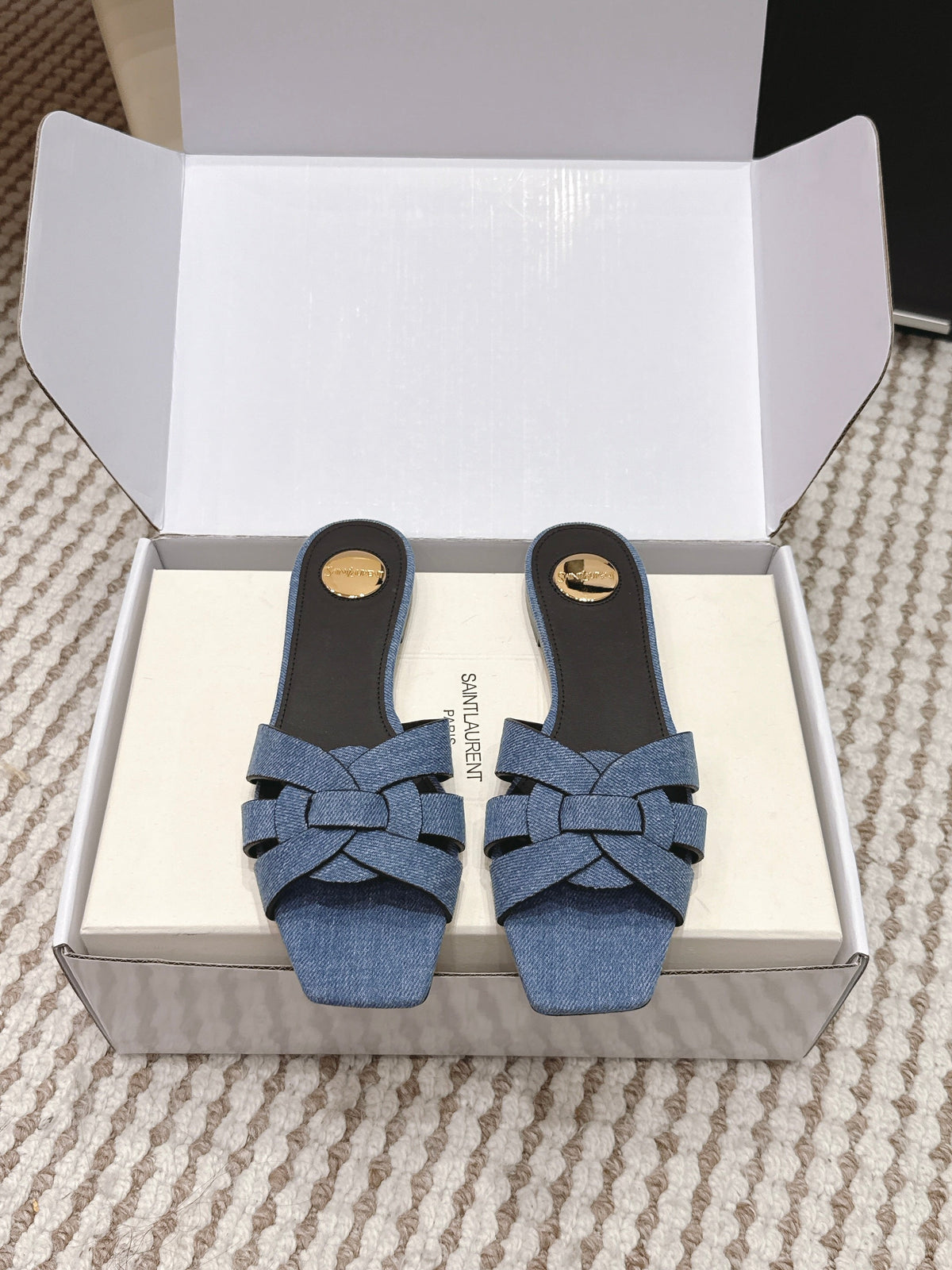 YSL 26ss  Flat Slippers Blue Denim Leather 654727