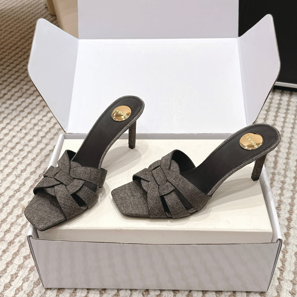 YSL 26ss High-Heeled Slippers 75  Dark Gray Canvas Calfskin 654748
