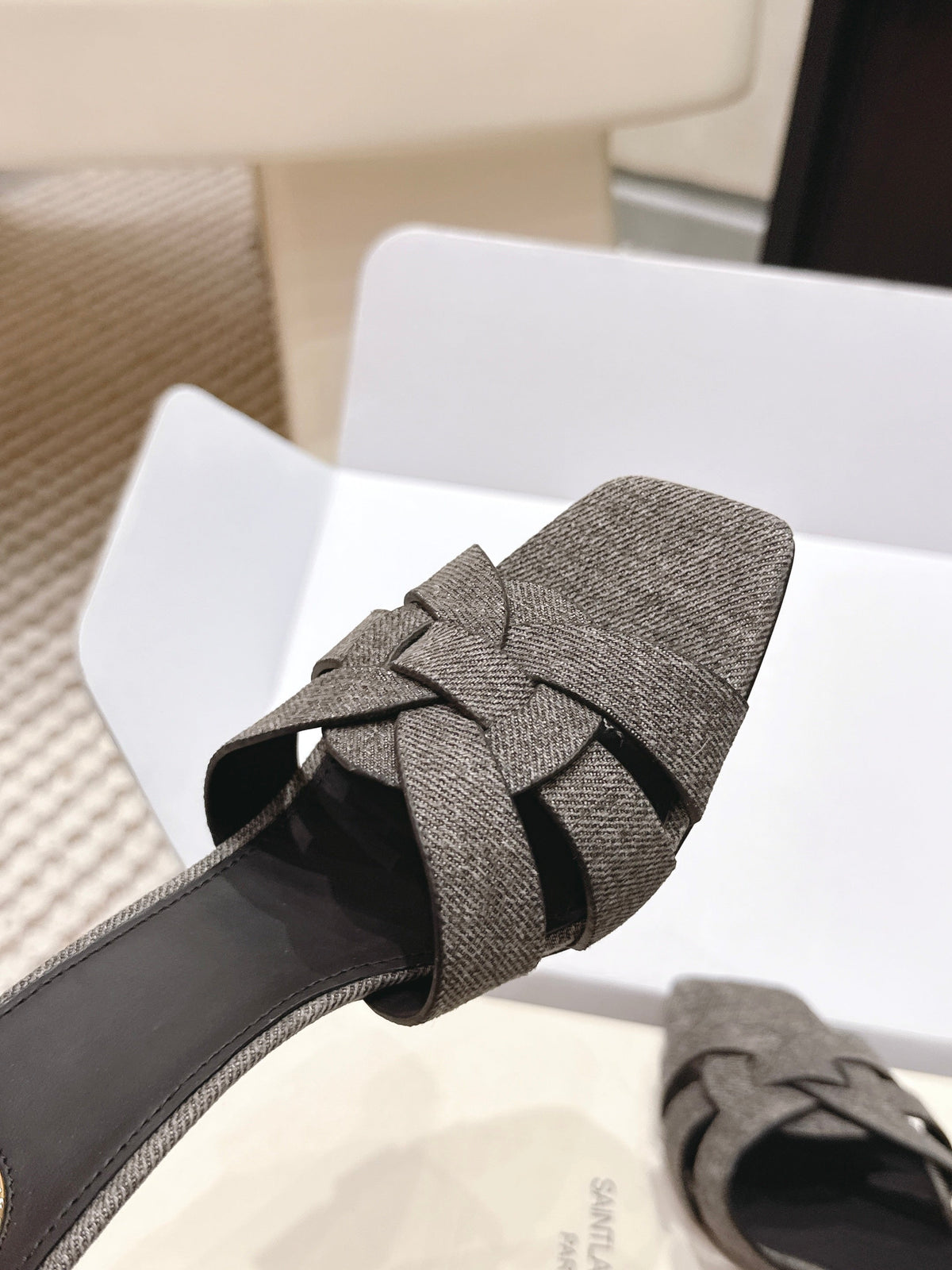 YSL 26ss High-Heeled Slippers 75  Dark Gray Canvas Calfskin 654748
