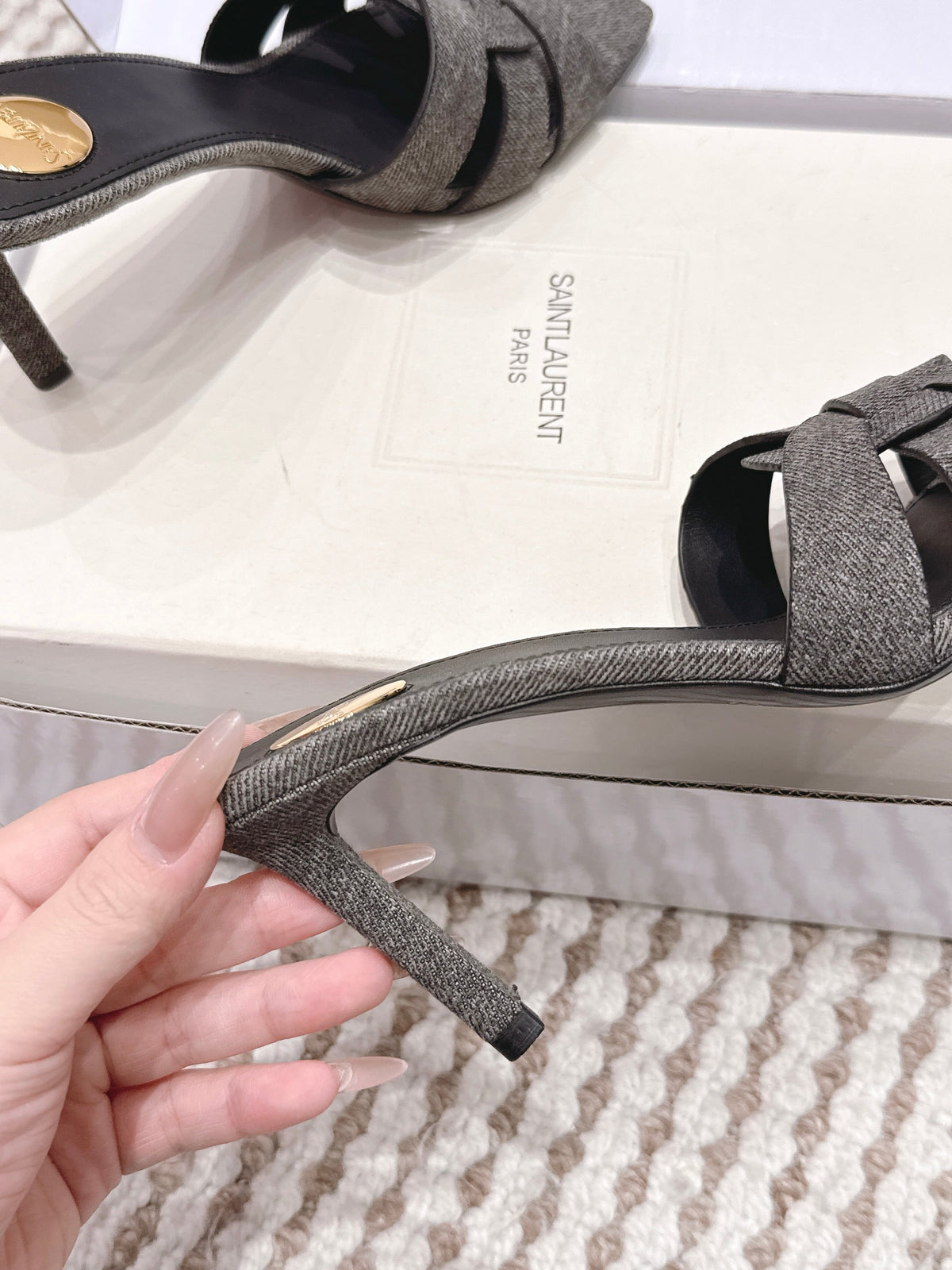 YSL 26ss High-Heeled Slippers 75  Dark Gray Canvas Calfskin 654748